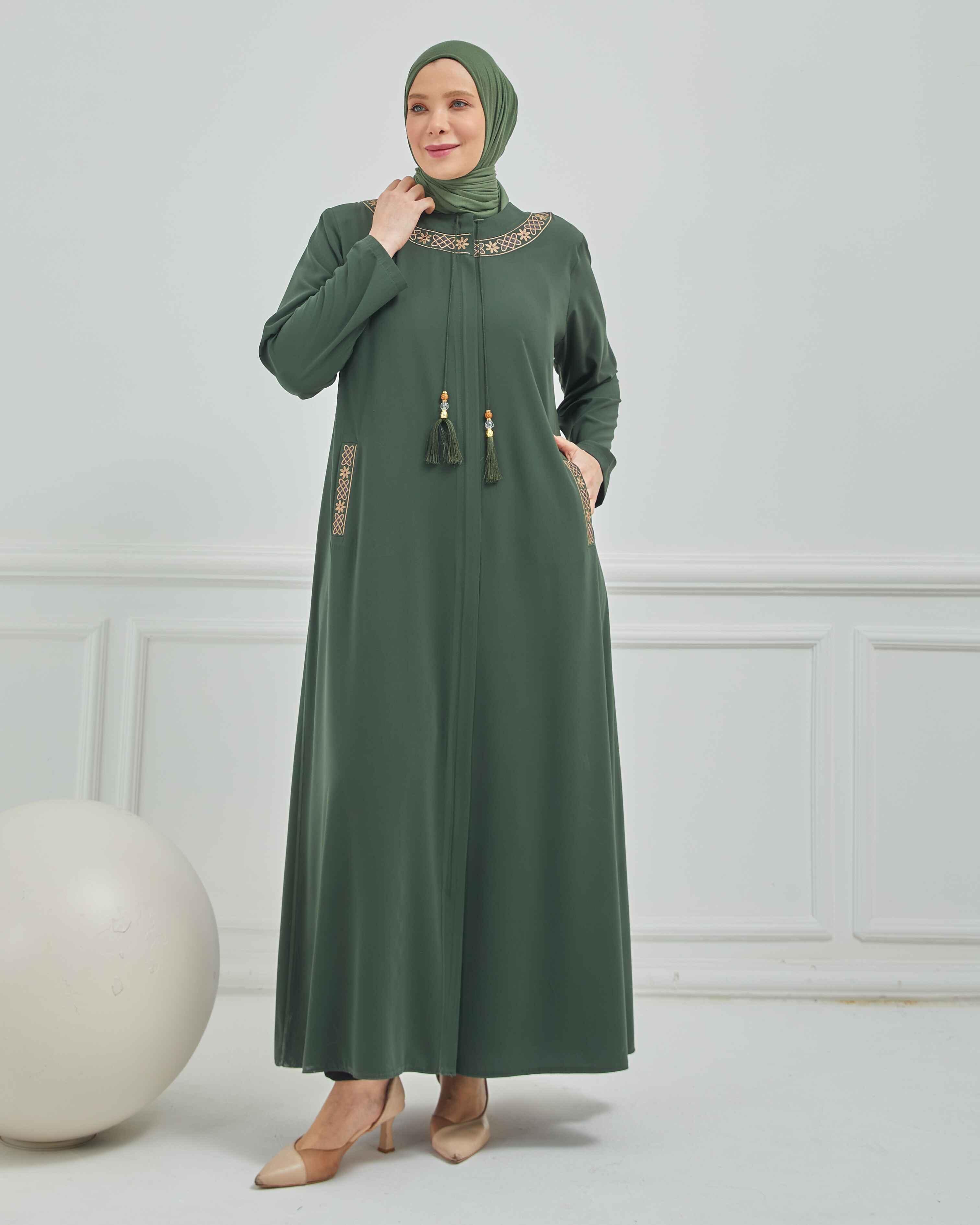 Önü Ve Cebi Nakışlı Büyük Beden Ferace Haki | 204169