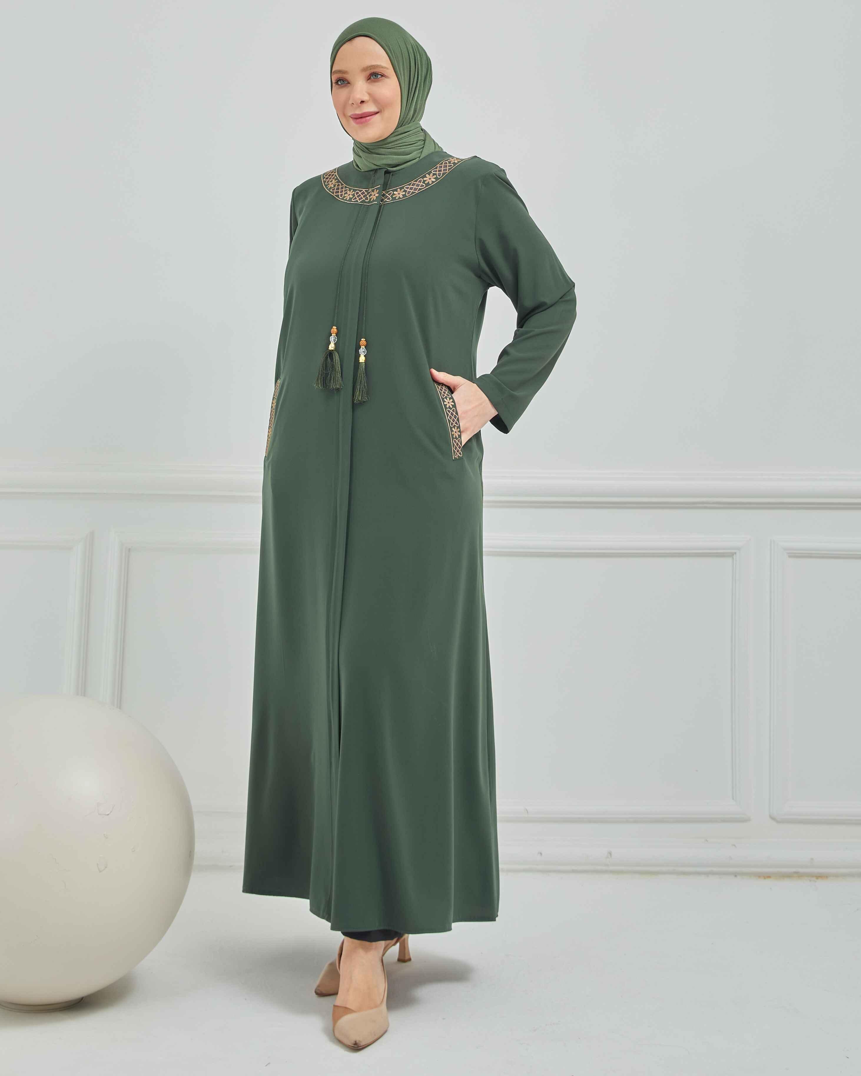 Önü Ve Cebi Nakışlı Büyük Beden Ferace Haki | 204169