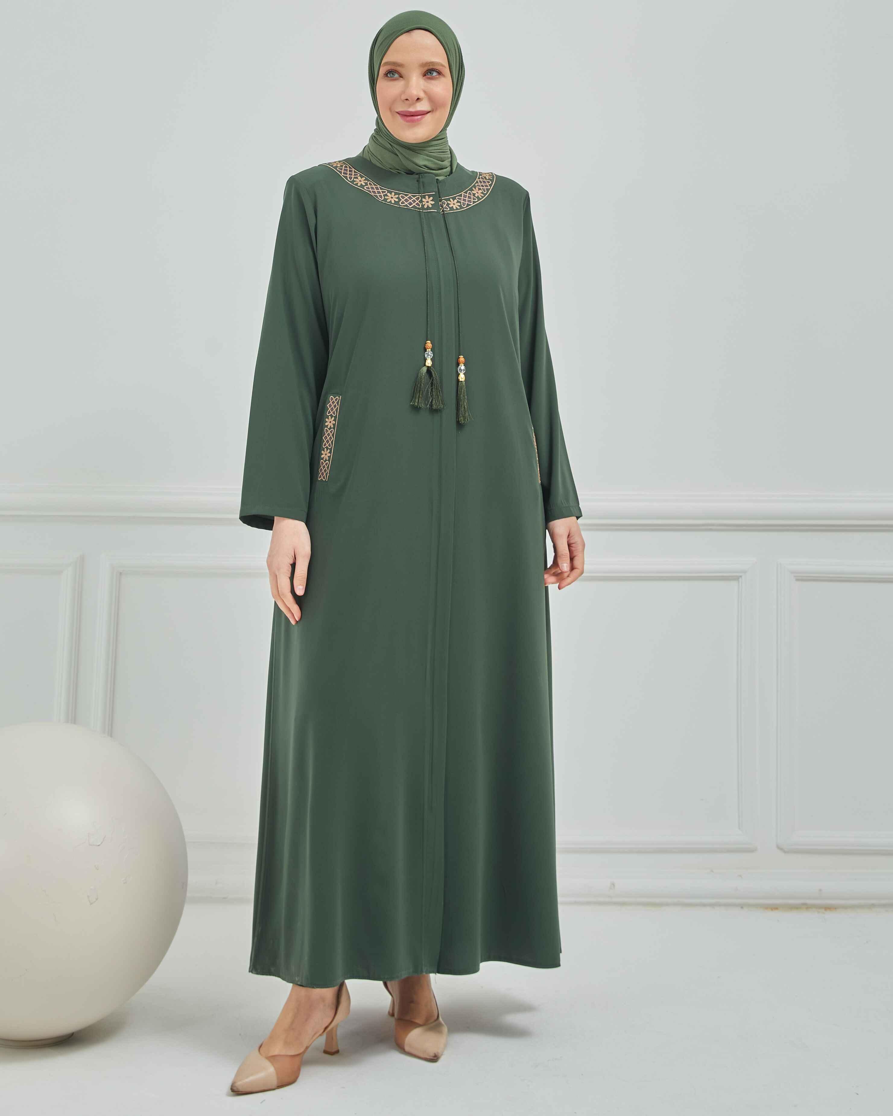 Önü Ve Cebi Nakışlı Büyük Beden Ferace Haki | 204169