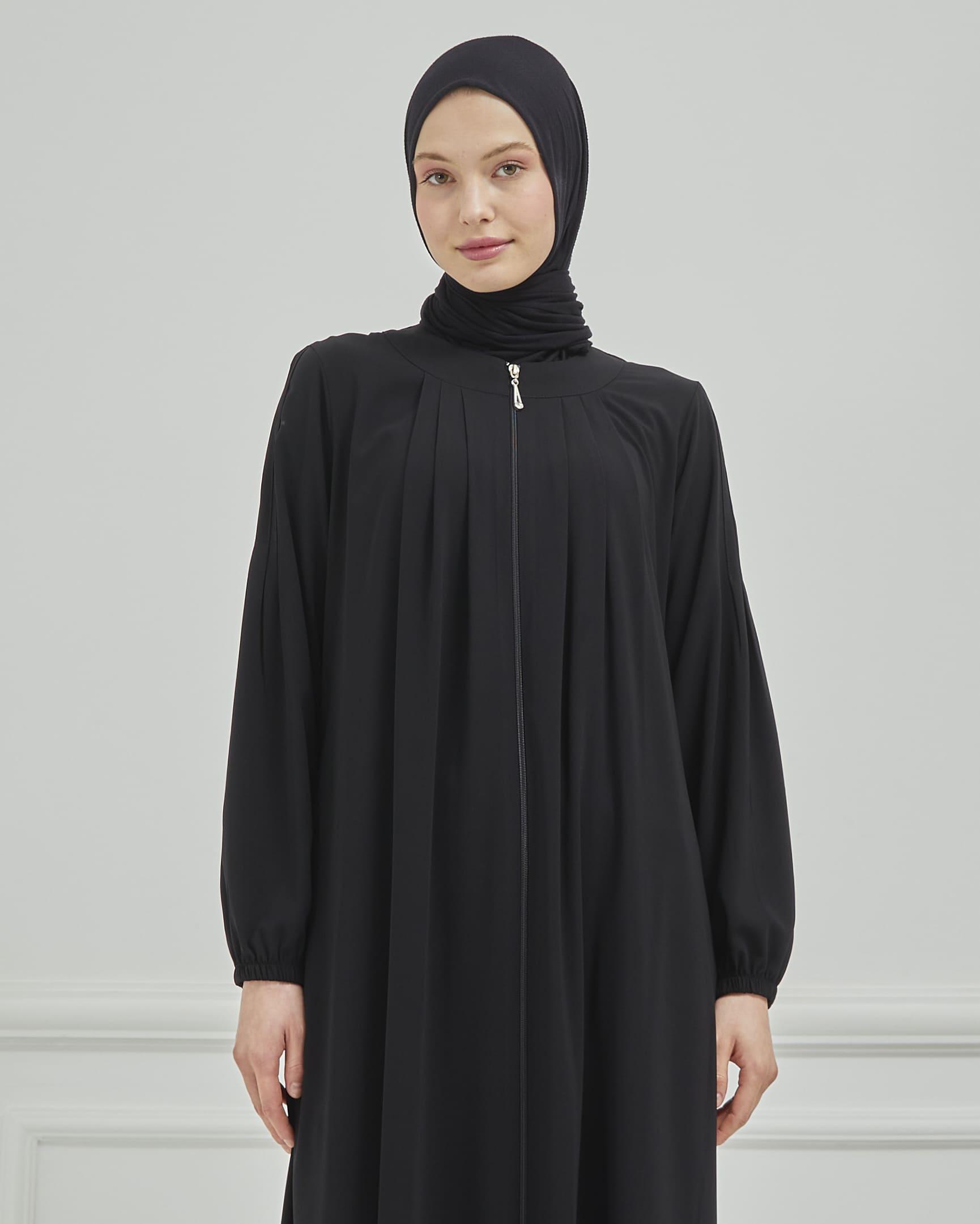 Önü ve Arkası Pileli Ferace Siyah | 21041