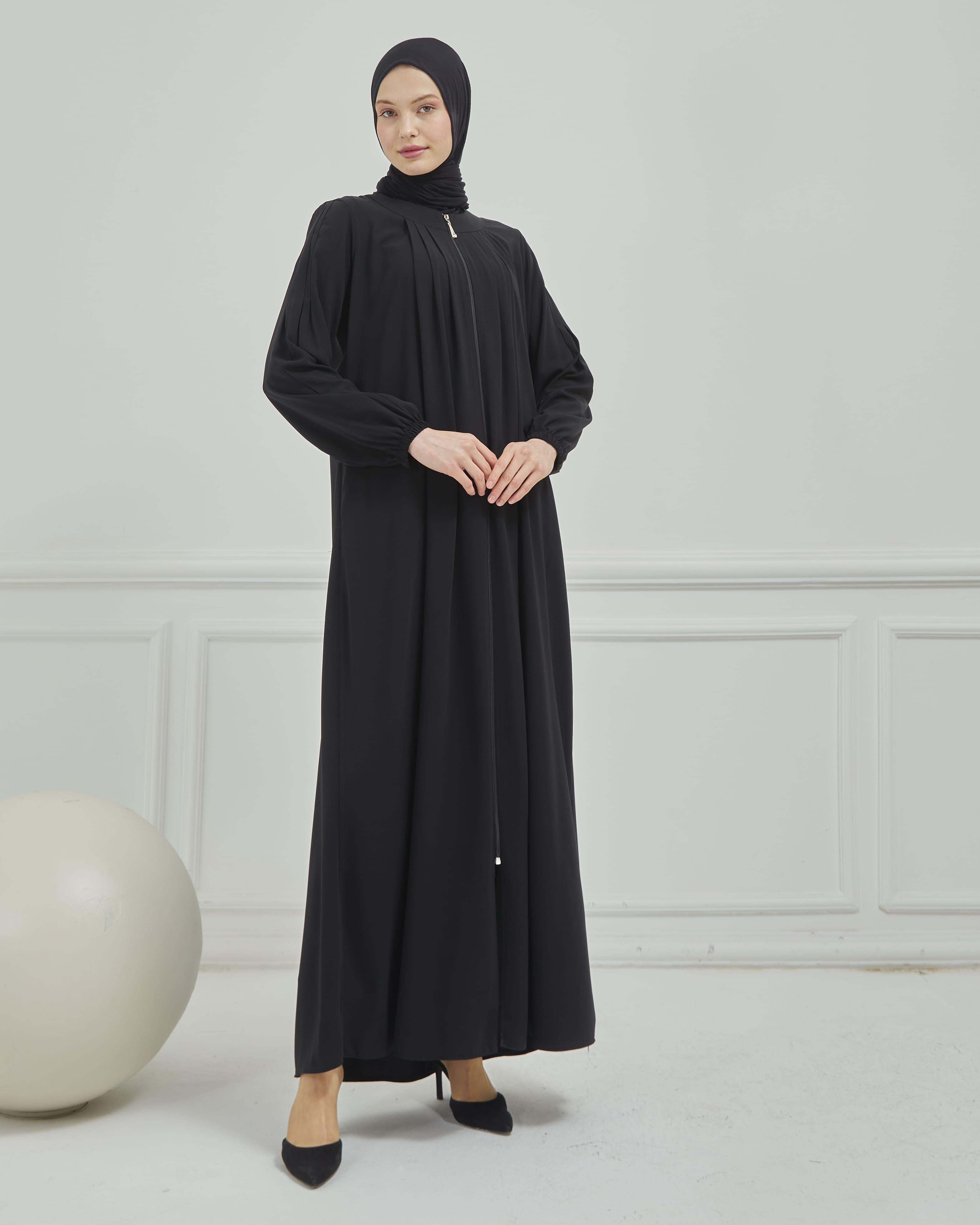 Önü ve Arkası Pileli Ferace Siyah | 21041