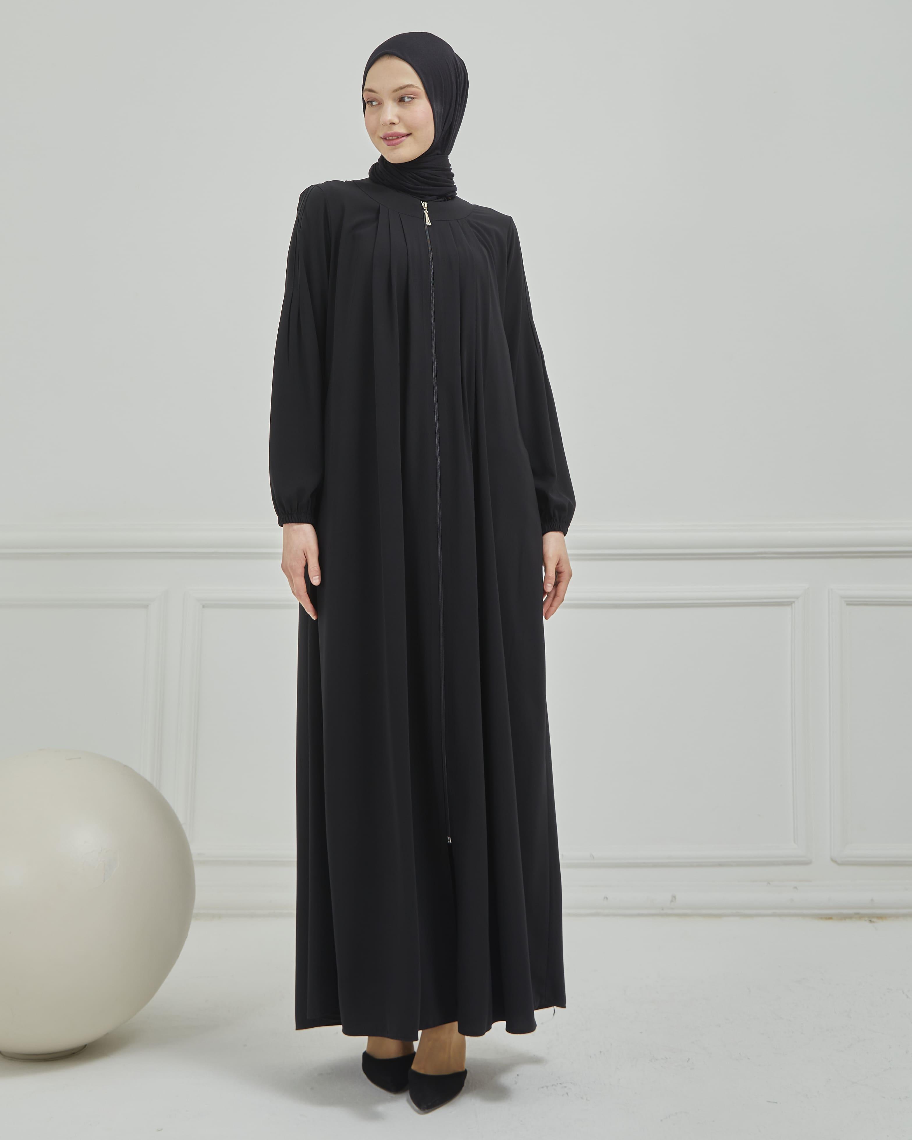 Önü ve Arkası Pileli Ferace Siyah | 21041