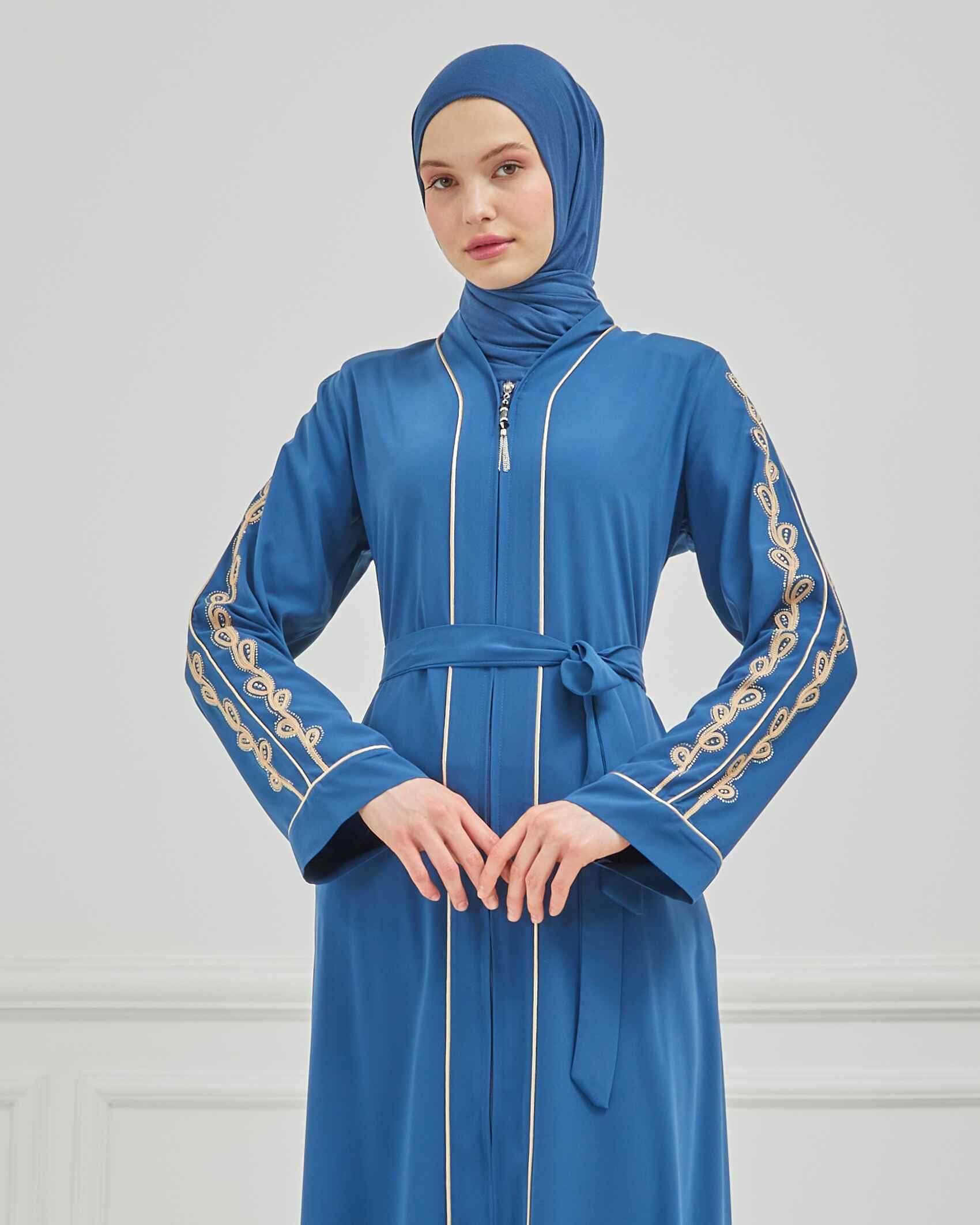 Taş ve Kurdele Nakışı Detaylı Biyeli Abaya Ferace İndigo | 206796