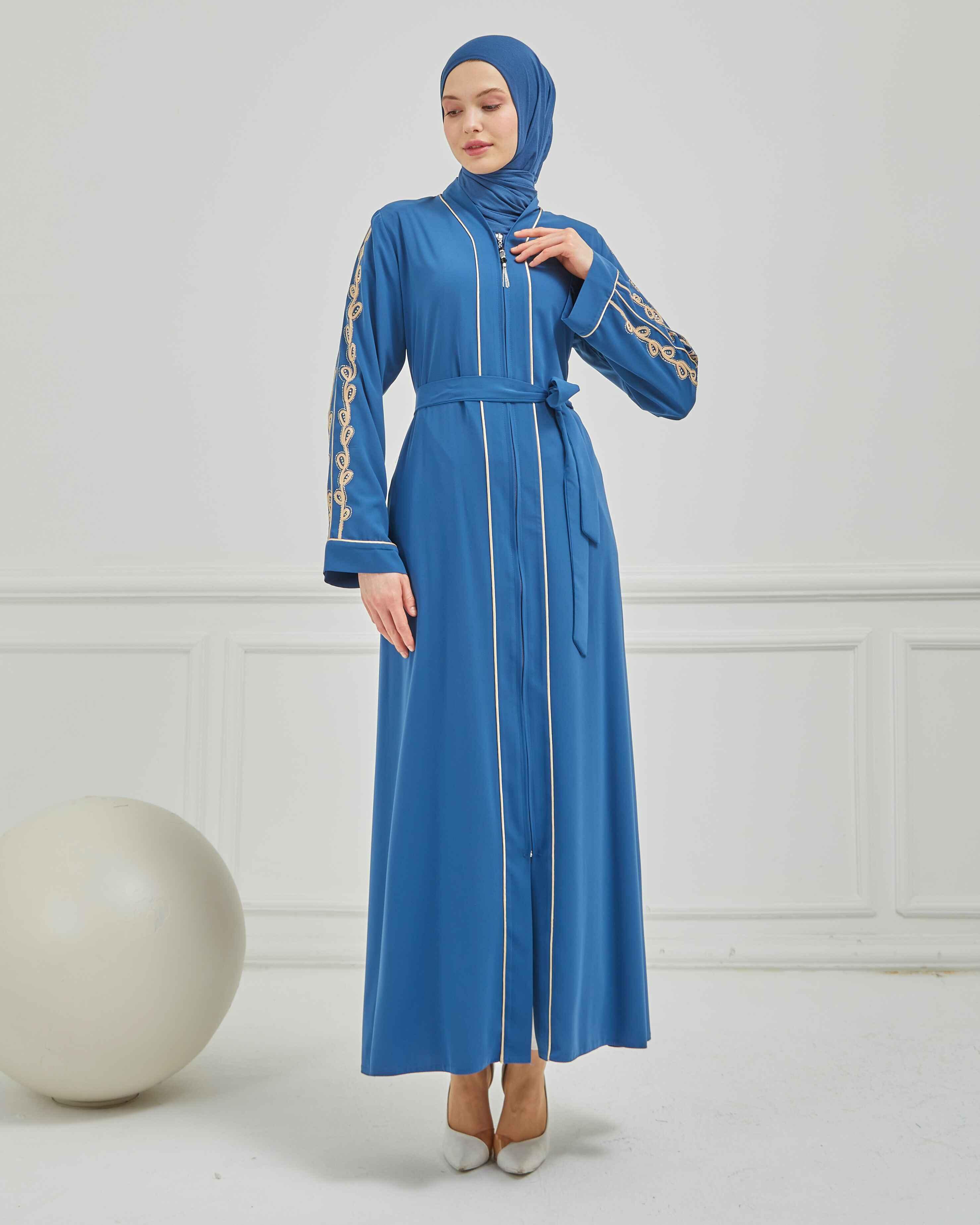 Taş ve Kurdele Nakışı Detaylı Biyeli Abaya Ferace İndigo | 206796