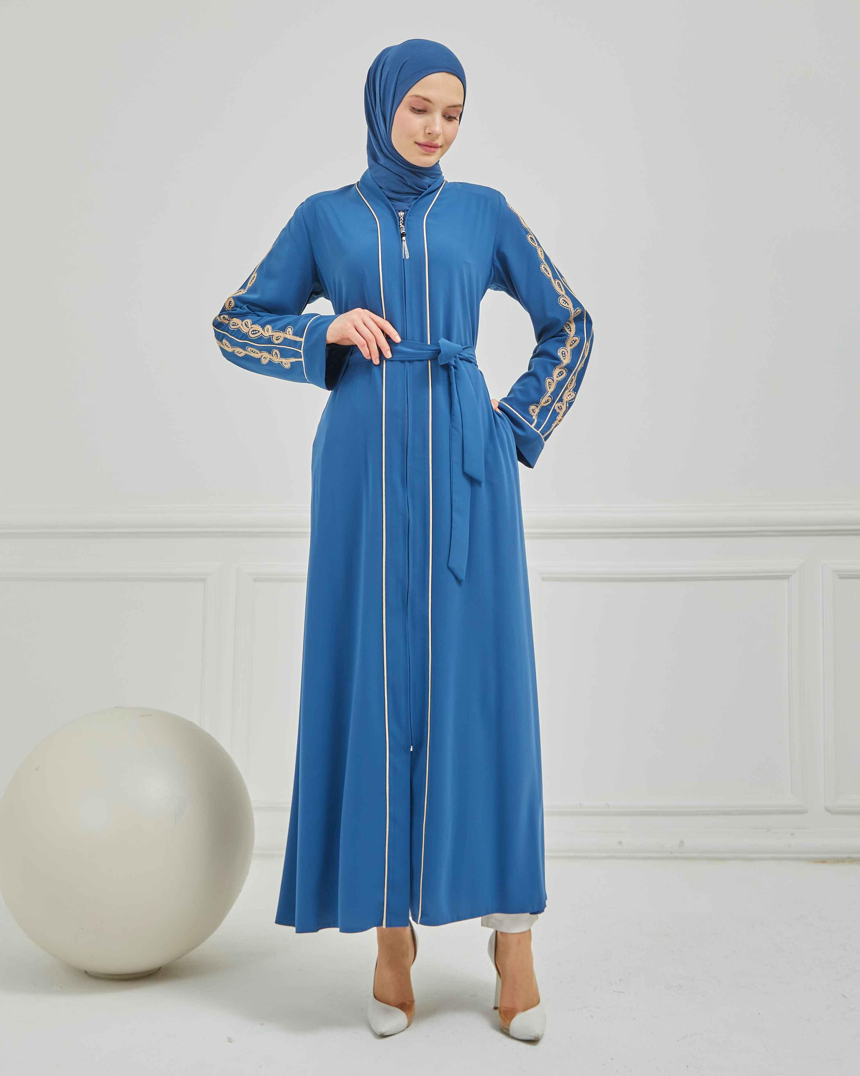 Taş ve Kurdele Nakışı Detaylı Biyeli Abaya Ferace İndigo | 206796