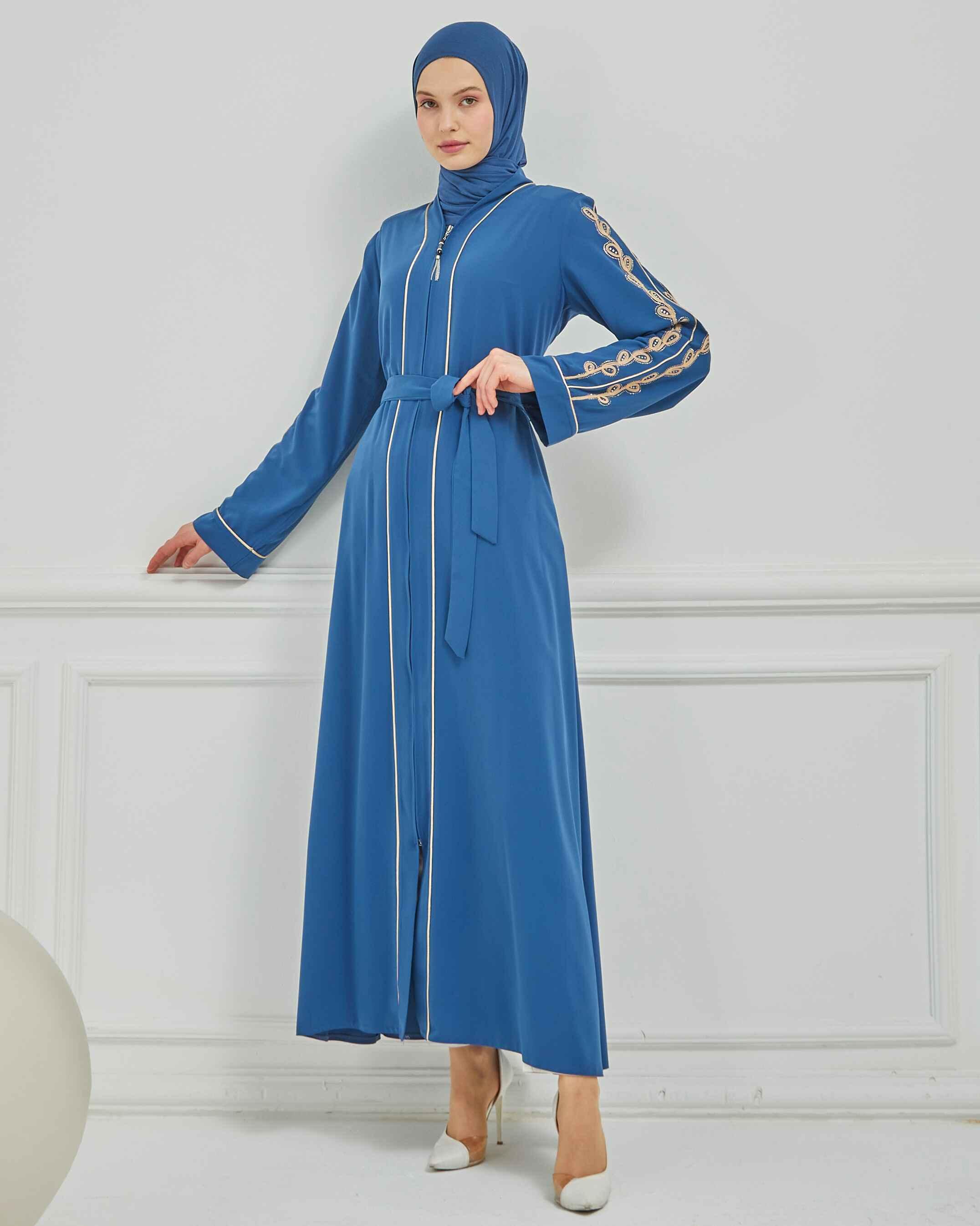 Taş ve Kurdele Nakışı Detaylı Biyeli Abaya Ferace İndigo | 206796