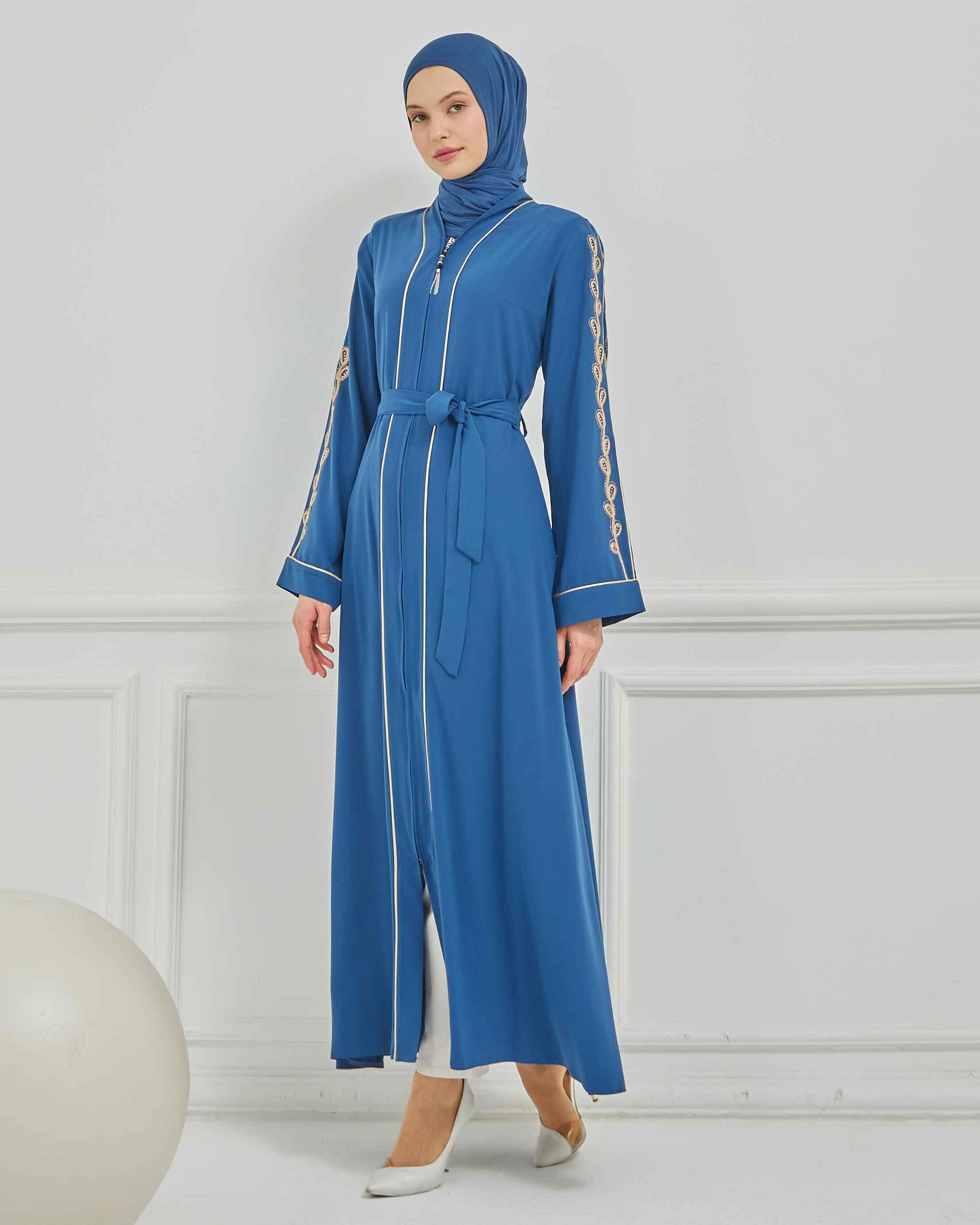 Taş ve Kurdele Nakışı Detaylı Biyeli Abaya Ferace İndigo | 206796
