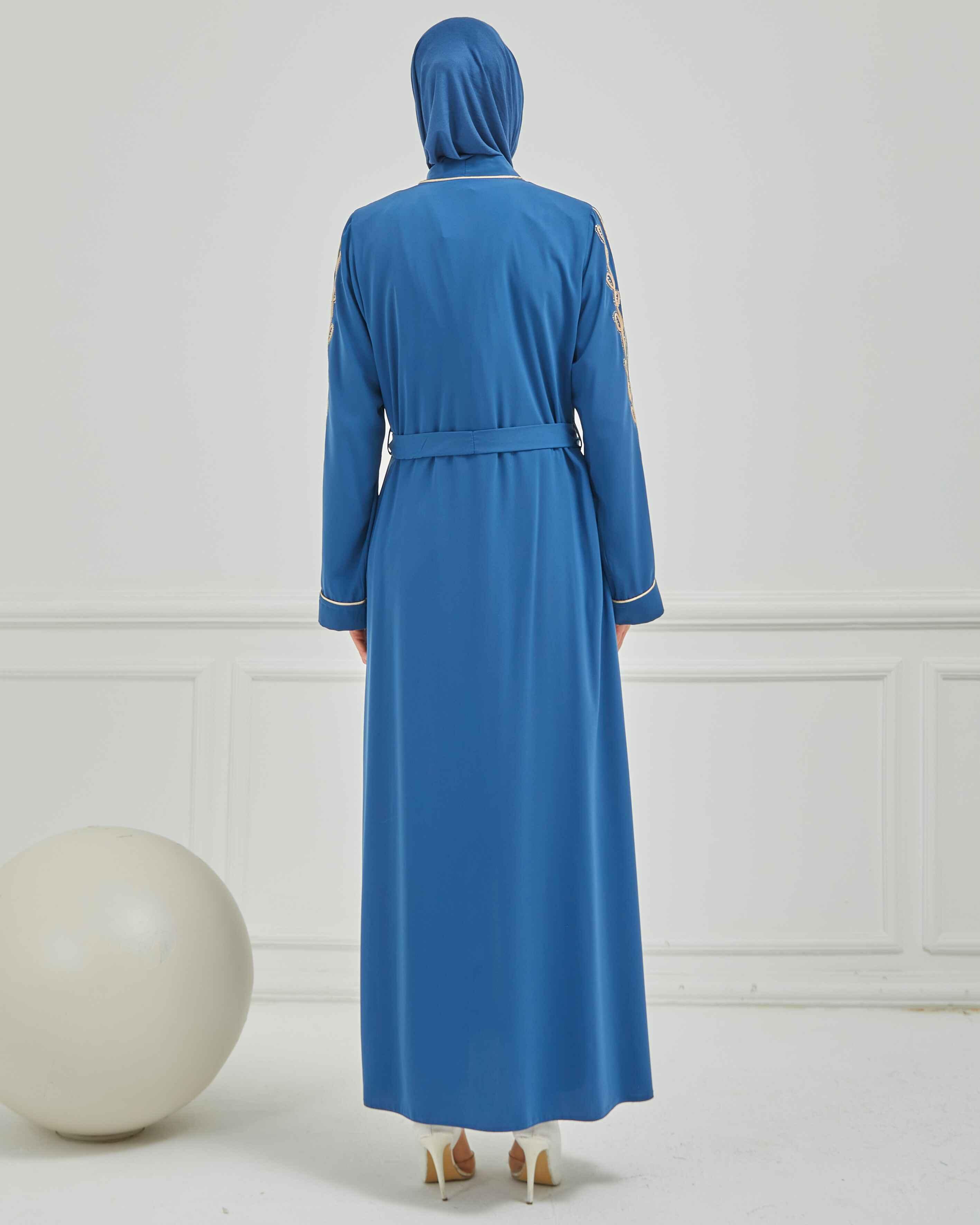 Taş ve Kurdele Nakışı Detaylı Biyeli Abaya Ferace İndigo | 206796