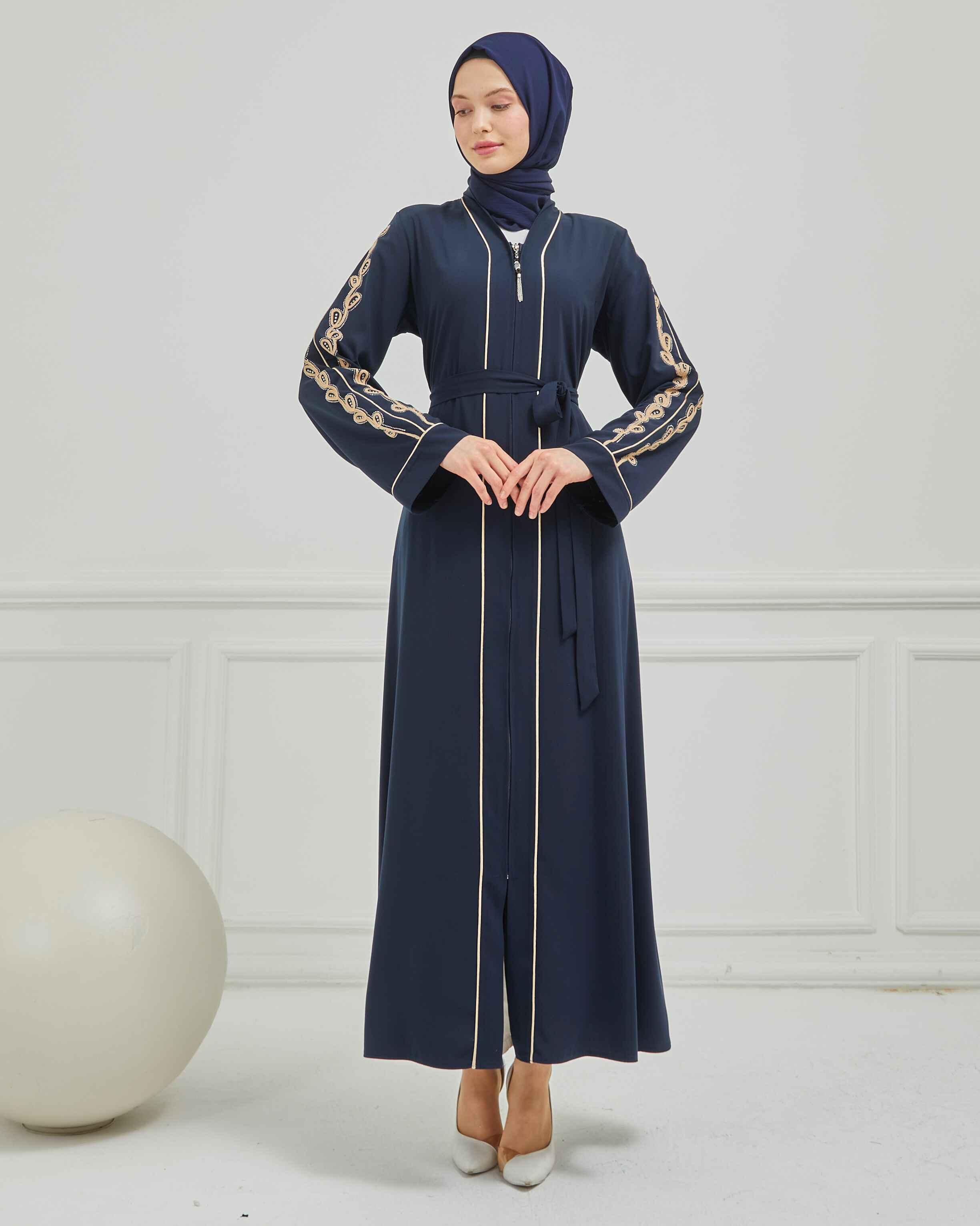 Taş ve Kurdele Nakışı Detaylı Biyeli Abaya Ferace Lacivert | 206795