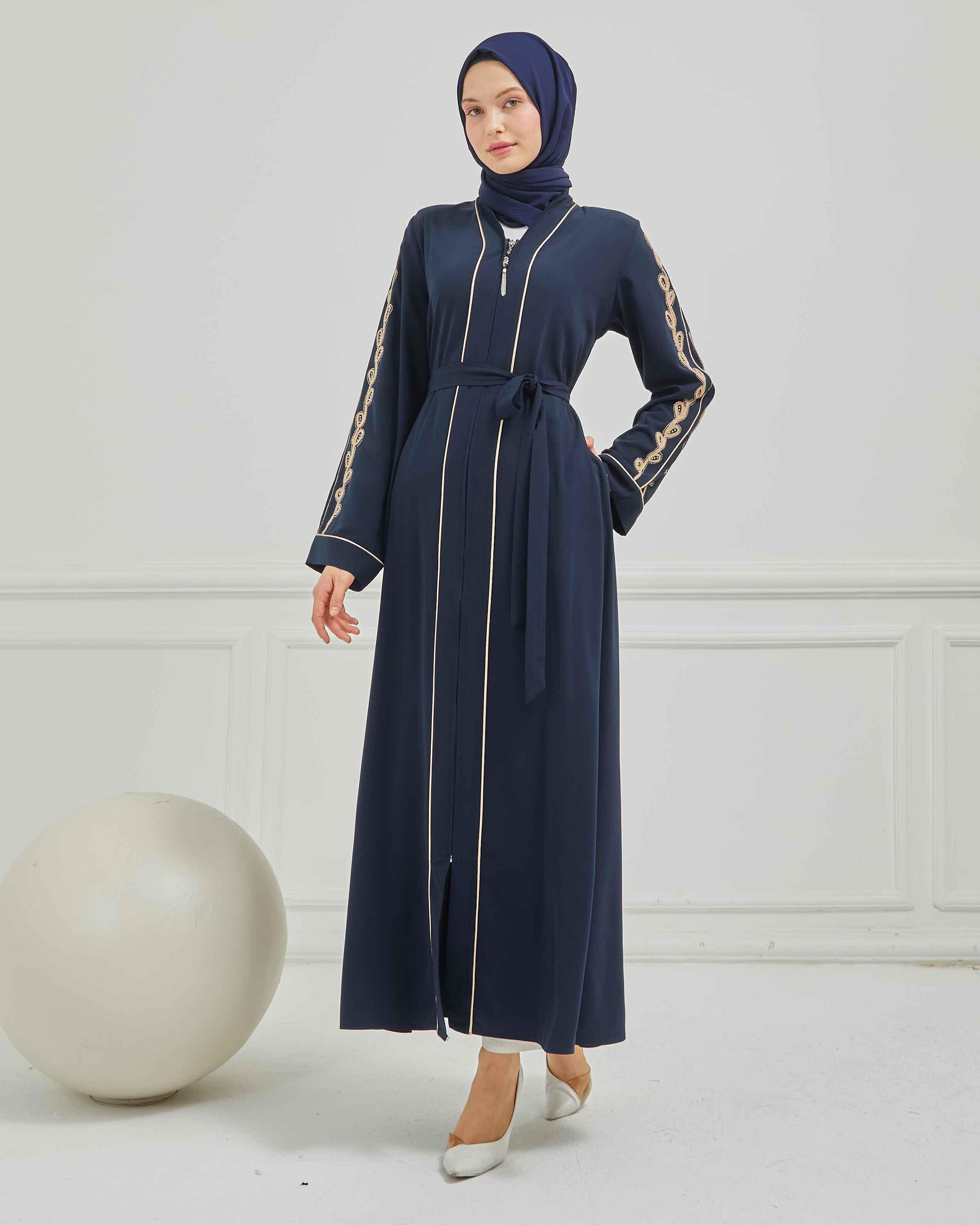 Taş ve Kurdele Nakışı Detaylı Biyeli Abaya Ferace Lacivert | 206795