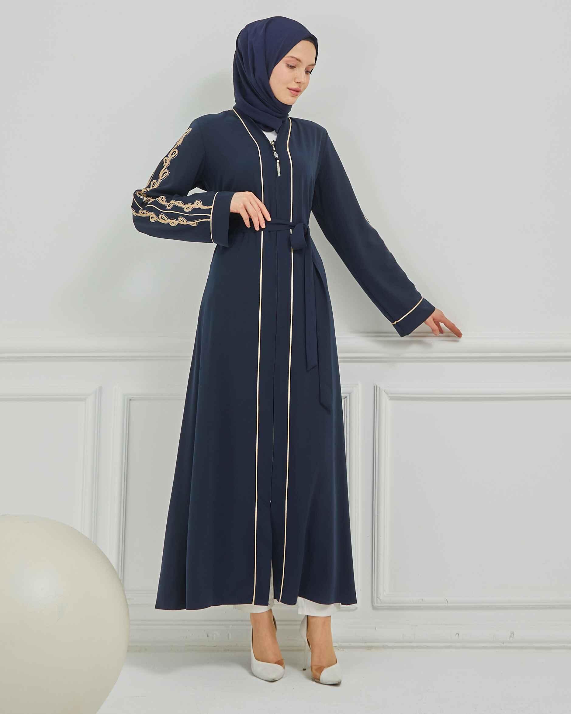 Taş ve Kurdele Nakışı Detaylı Biyeli Abaya Ferace Lacivert | 206795