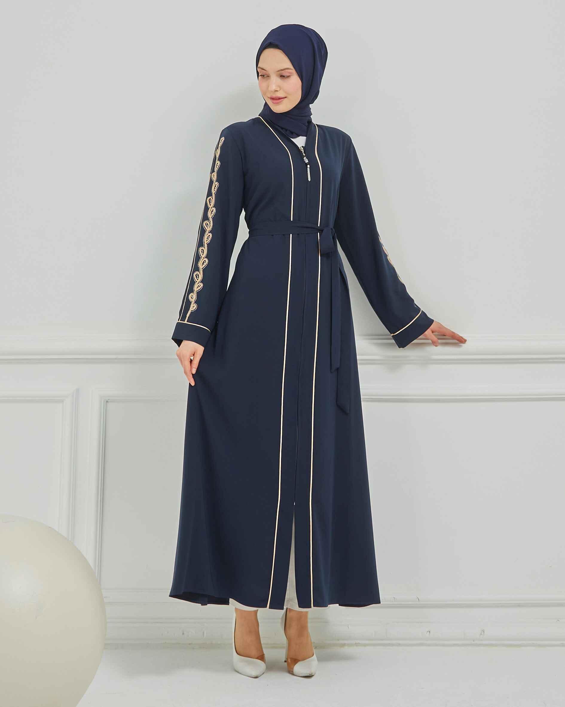 Taş ve Kurdele Nakışı Detaylı Biyeli Abaya Ferace Lacivert | 206795