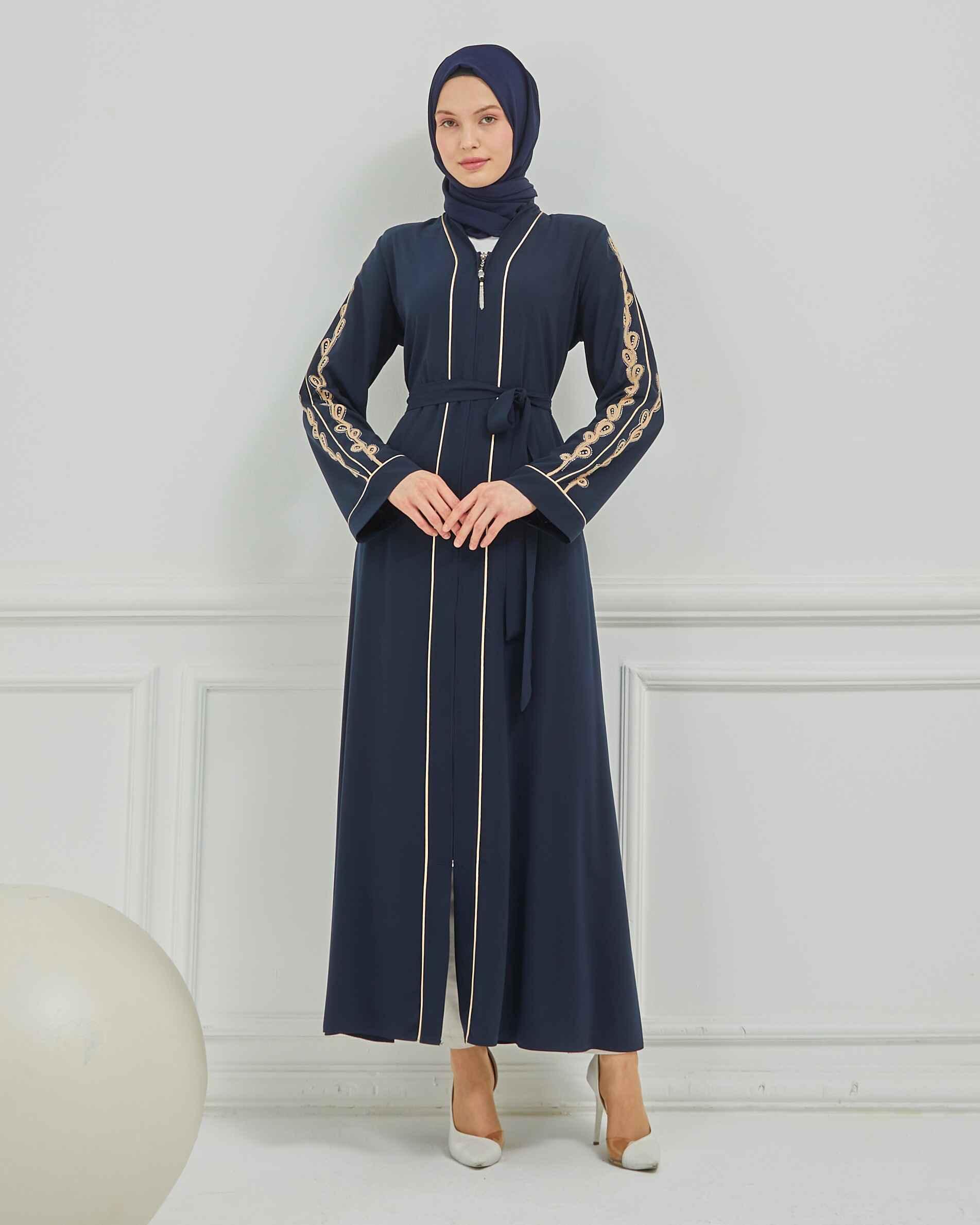 Taş ve Kurdele Nakışı Detaylı Biyeli Abaya Ferace Lacivert | 206795