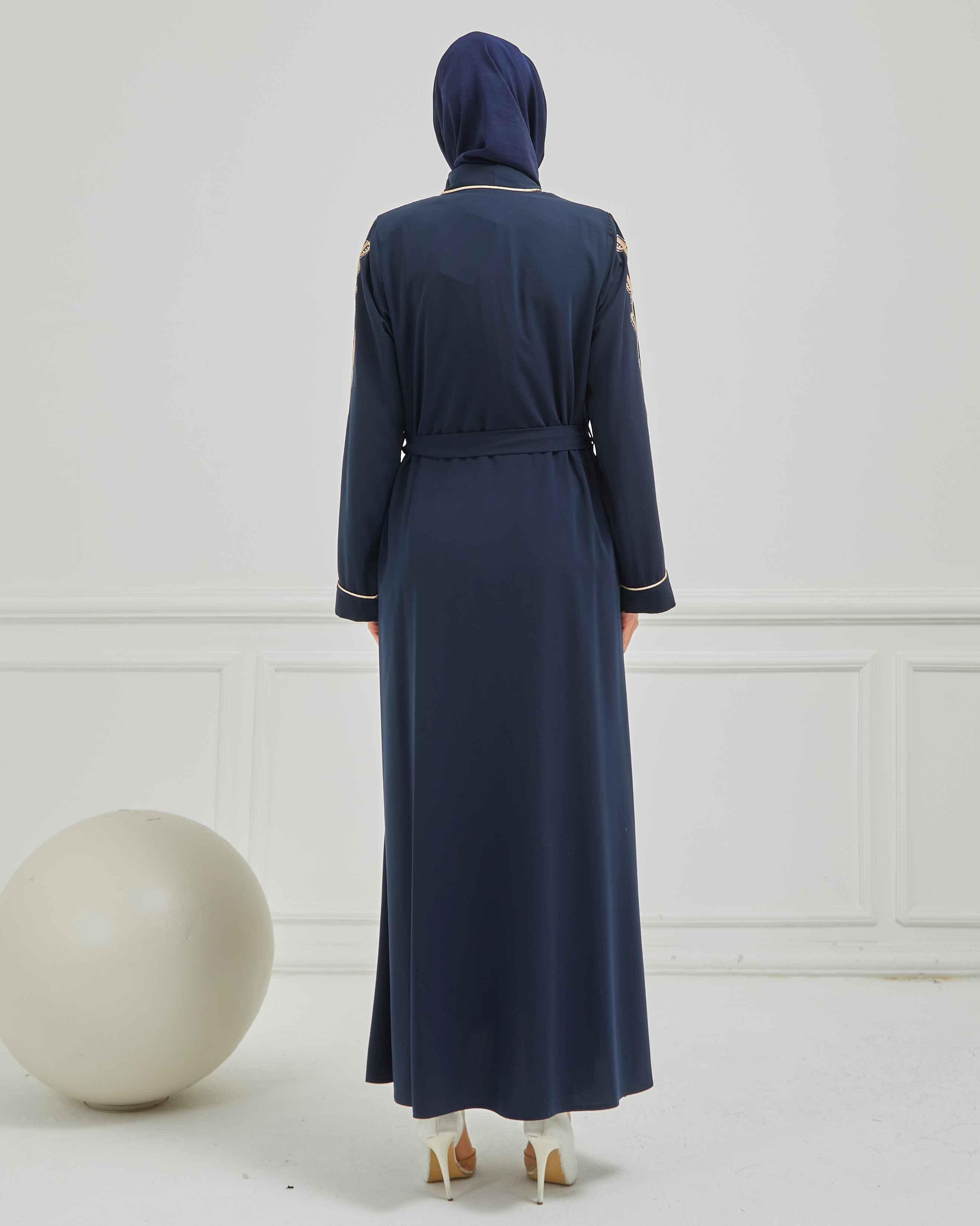 Taş ve Kurdele Nakışı Detaylı Biyeli Abaya Ferace Lacivert | 206795