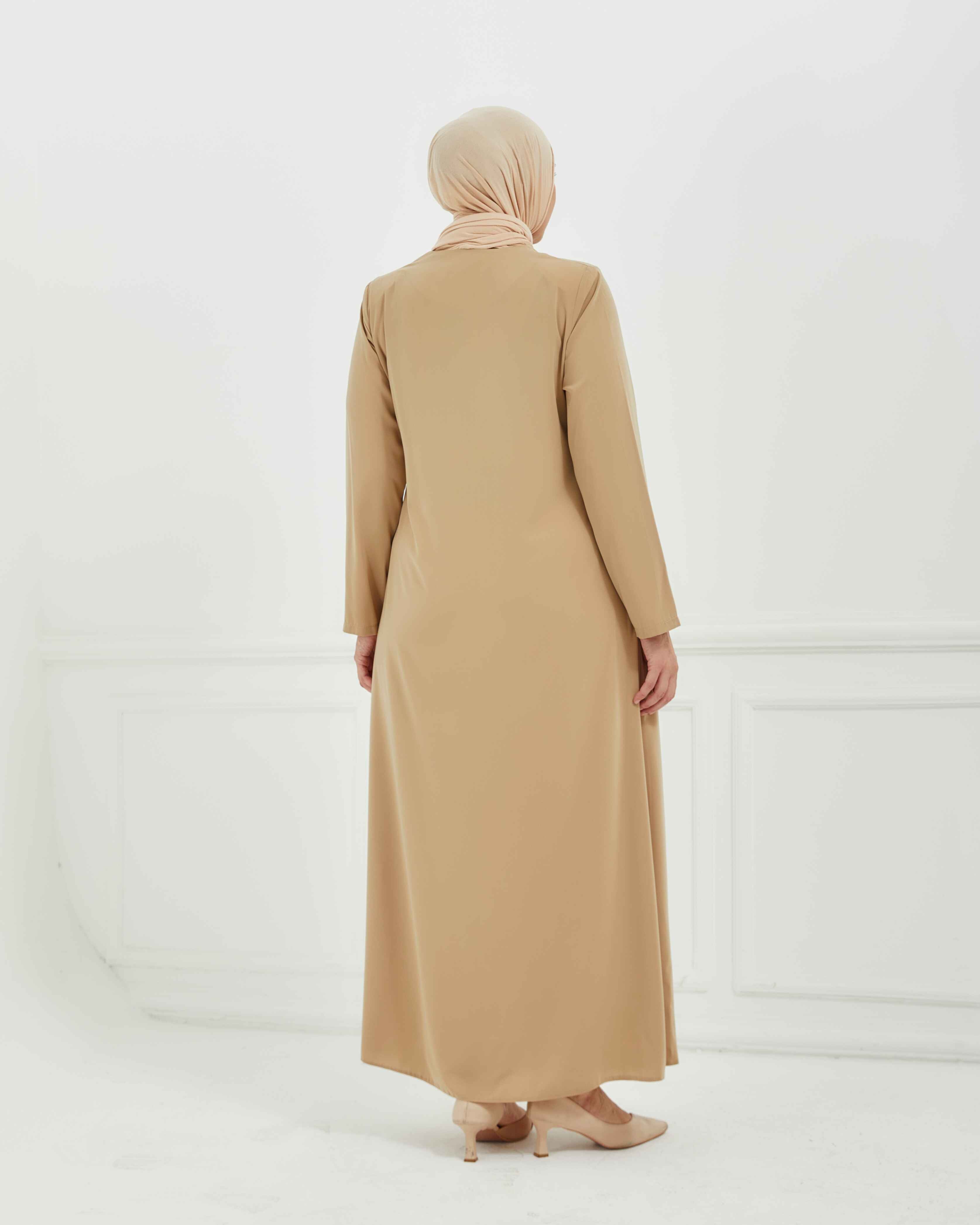 Önü Çift Şeritli Taş İşlemeli Büyük Beden Ferace Vizon | 2066423