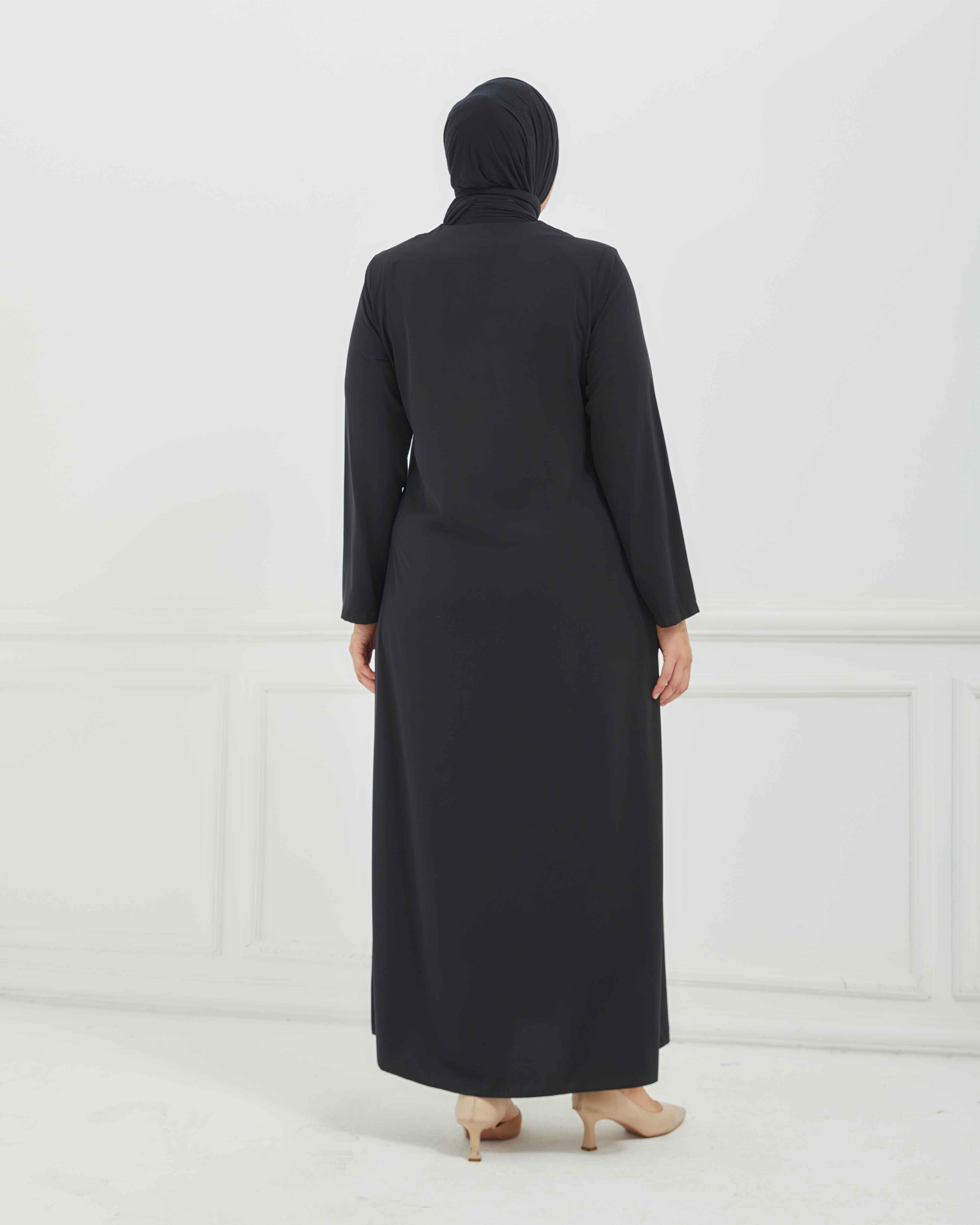 Önü Çift Şeritli Taş İşlemeli Büyük Beden Ferace Siyah  | 206641