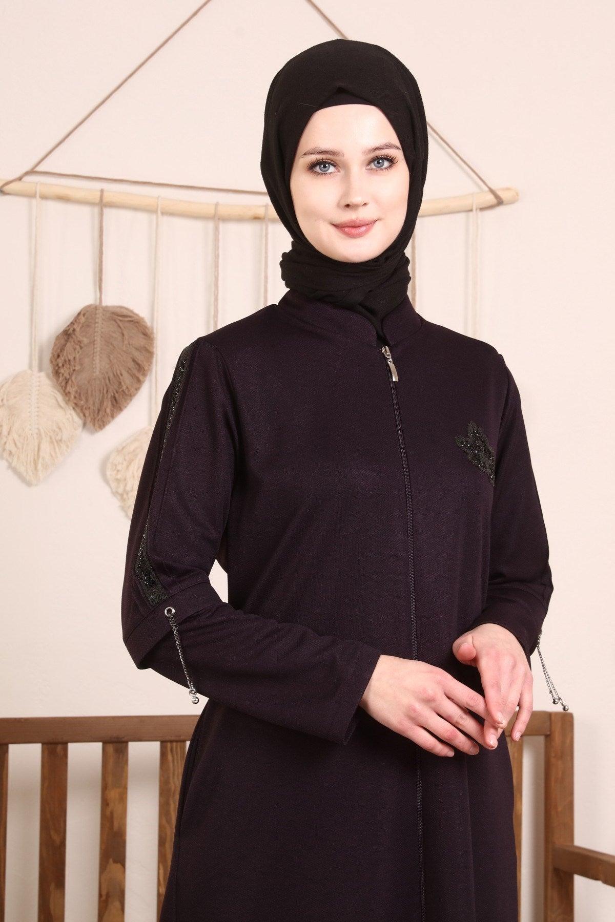 Yaprak Desenli Kışlık Ferace Mürdüm | K2076-8