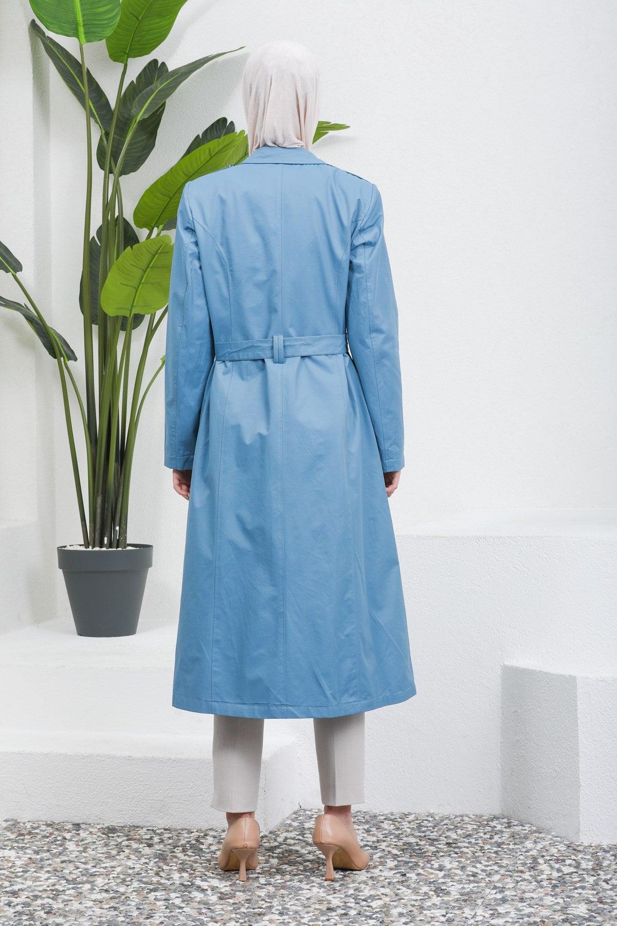 Düğme Detaylı Kuşaklı Trençkot Bebe Mavisi | 16004-31