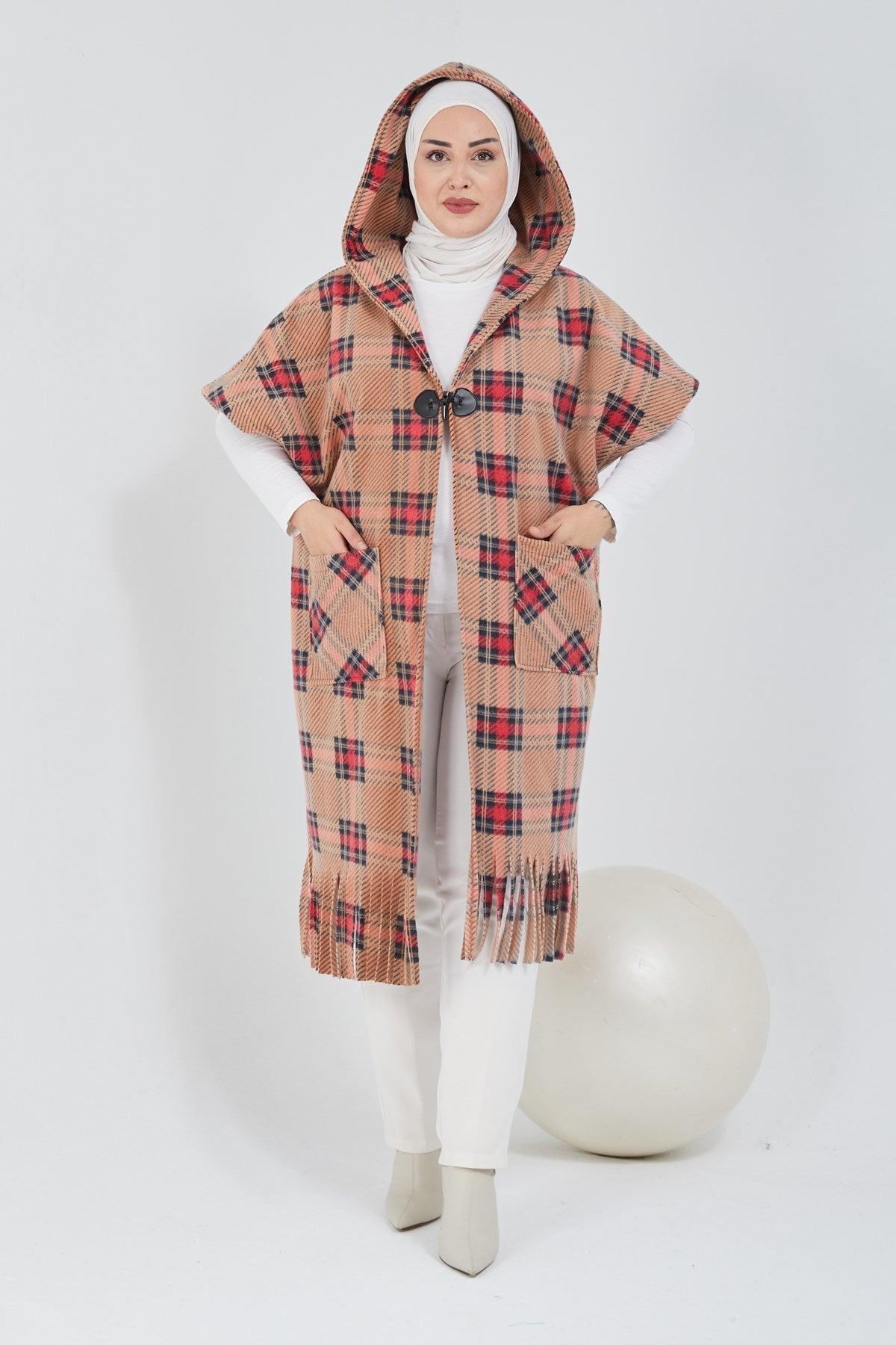 Standart Kalıp Ekoseli Panço Turuncu |  9013-10