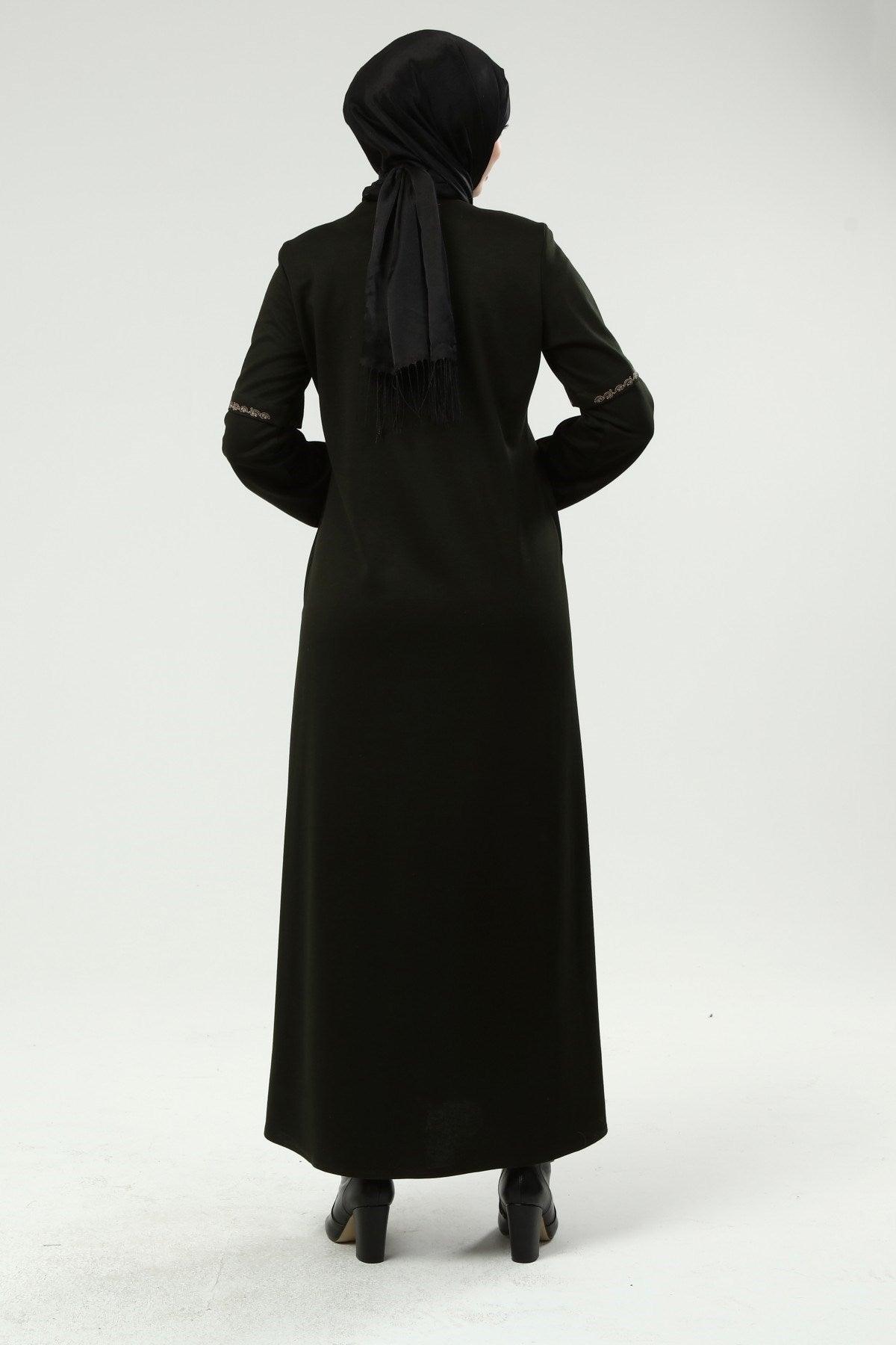 Önü Ve Dirsekleri Nakışlı Kışlık Ferace Haki | K2051-2-9