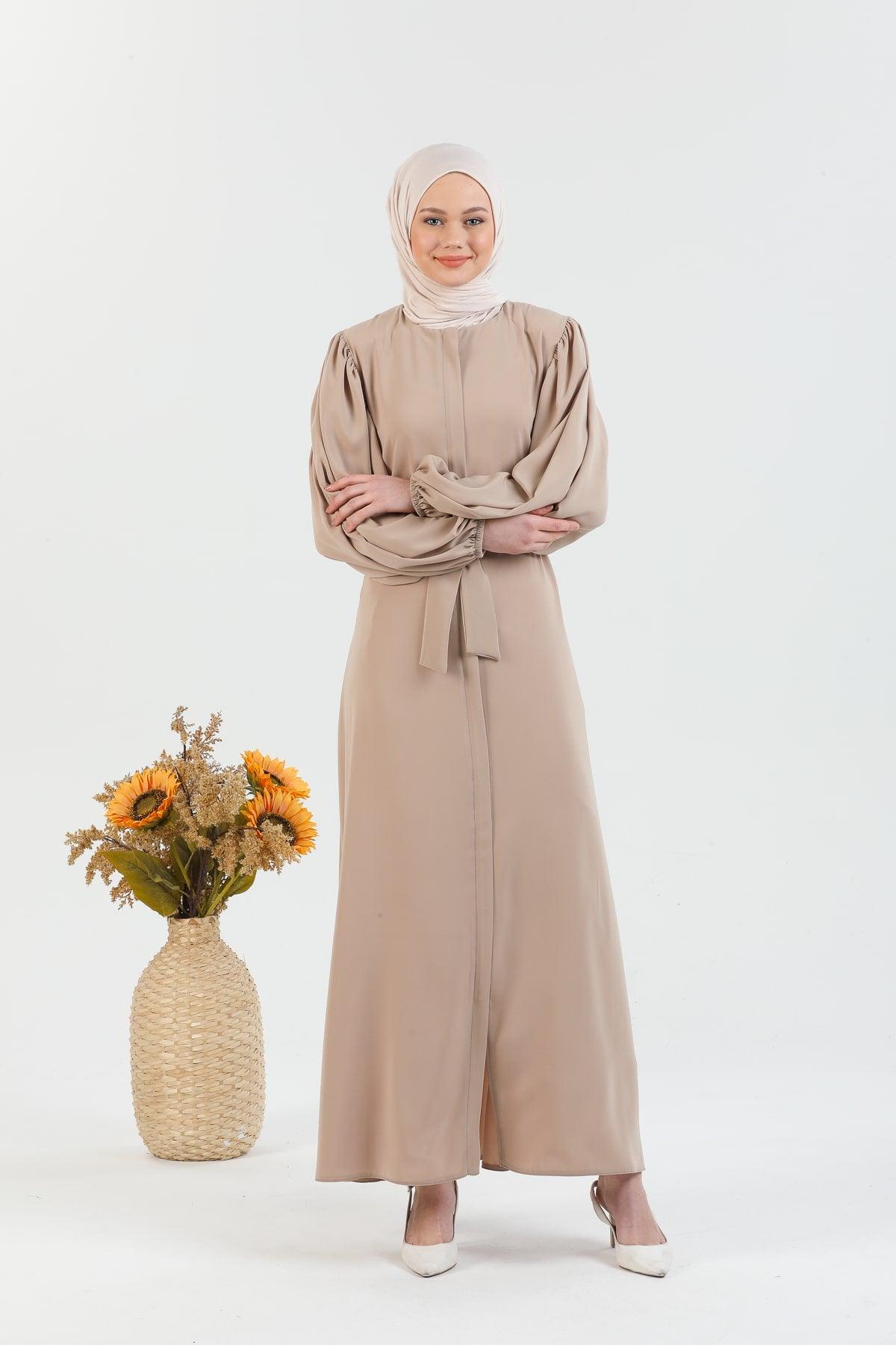 Balon Kollu Beli Kuşaklı Sade Ferace Vizon | 207723