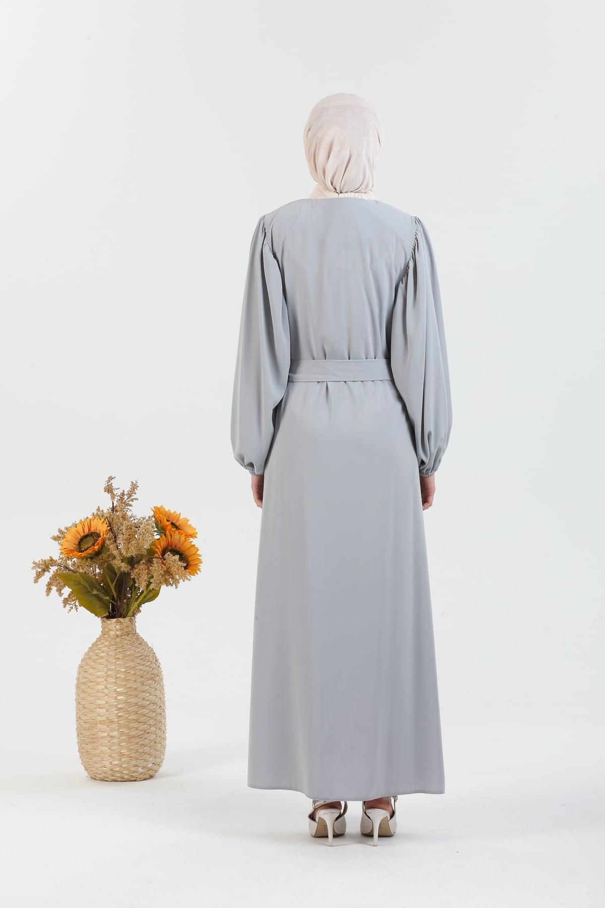 Balon Kollu Beli Kuşaklı Sade Ferace Gri | 207724
