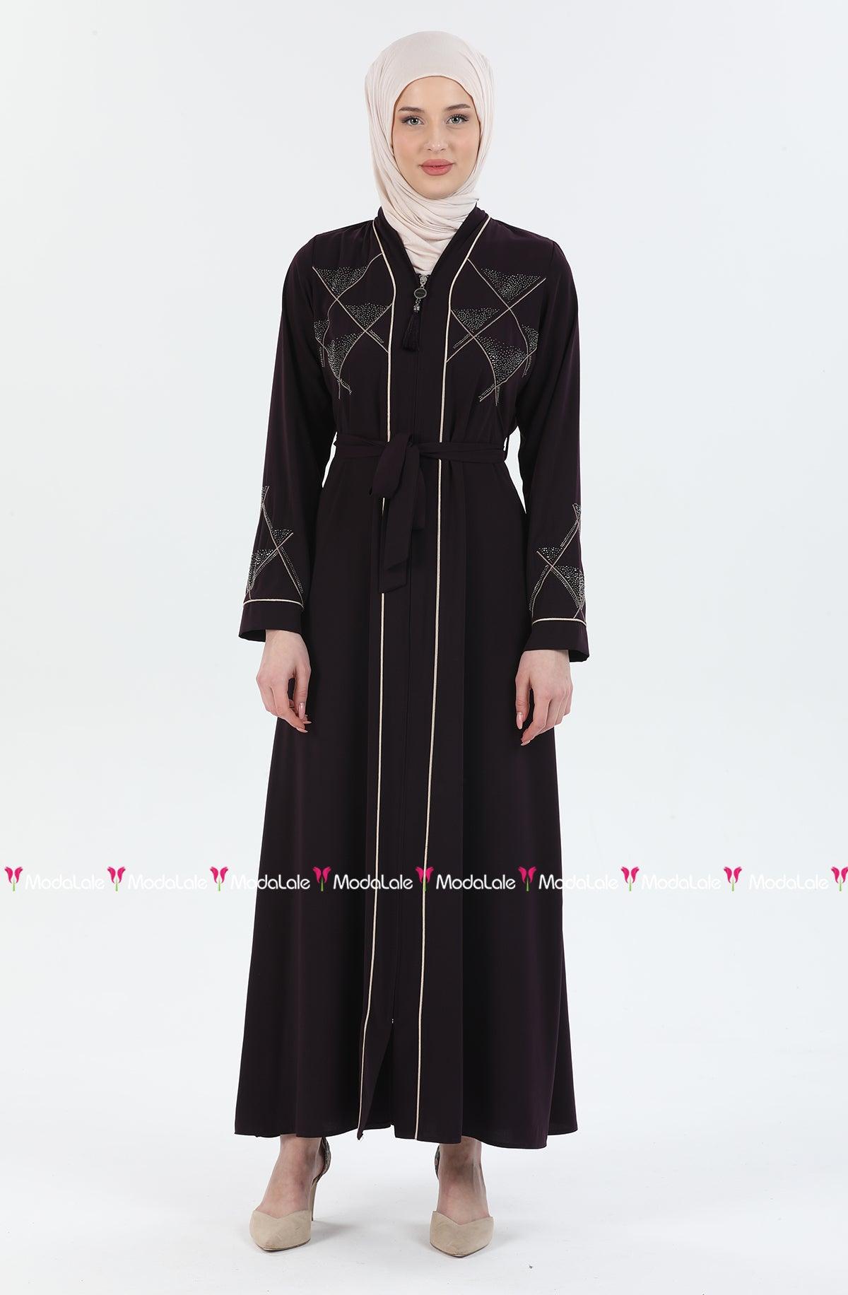 Taş ve Nakış Detaylı Biyeli Abaya Ferace Mürdüm | 206728