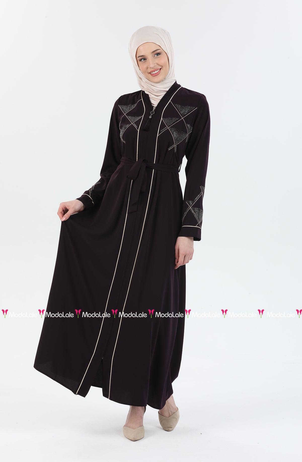 Taş ve Nakış Detaylı Biyeli Abaya Ferace Mürdüm | 206728