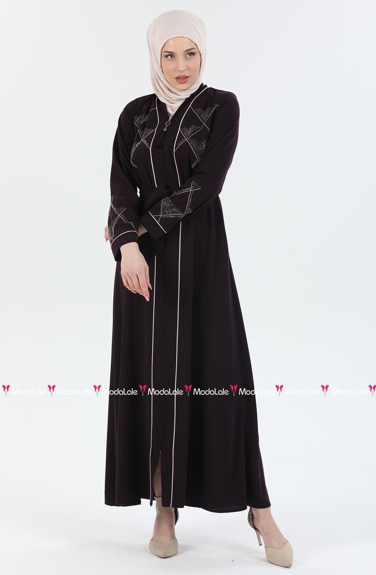 Taş ve Nakış Detaylı Biyeli Abaya Ferace Mürdüm | 206728