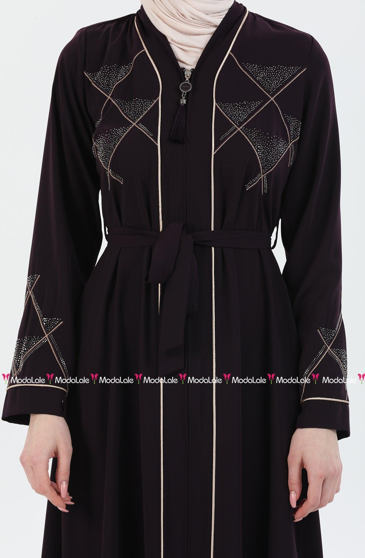 Taş ve Nakış Detaylı Biyeli Abaya Ferace Mürdüm | 206728