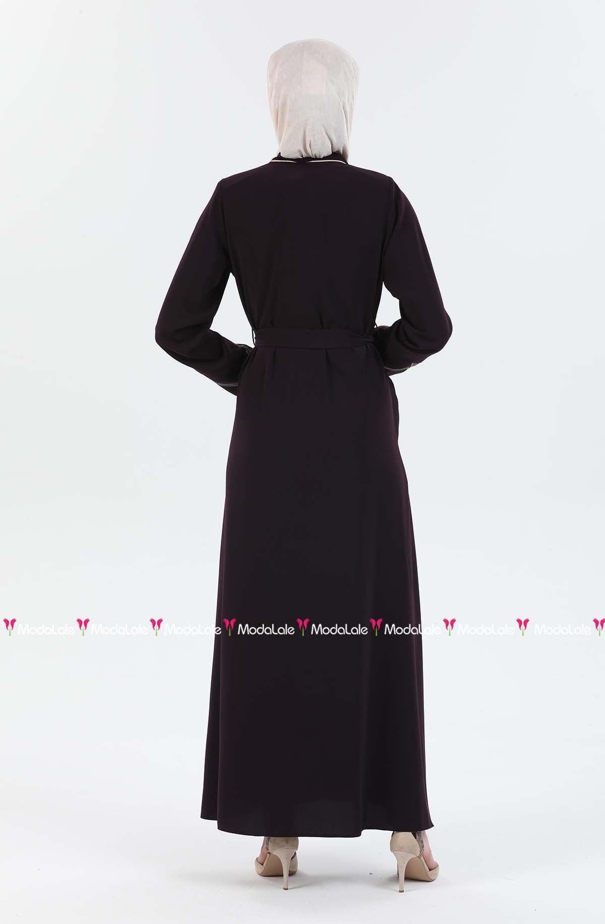 Taş ve Nakış Detaylı Biyeli Abaya Ferace Mürdüm | 206728
