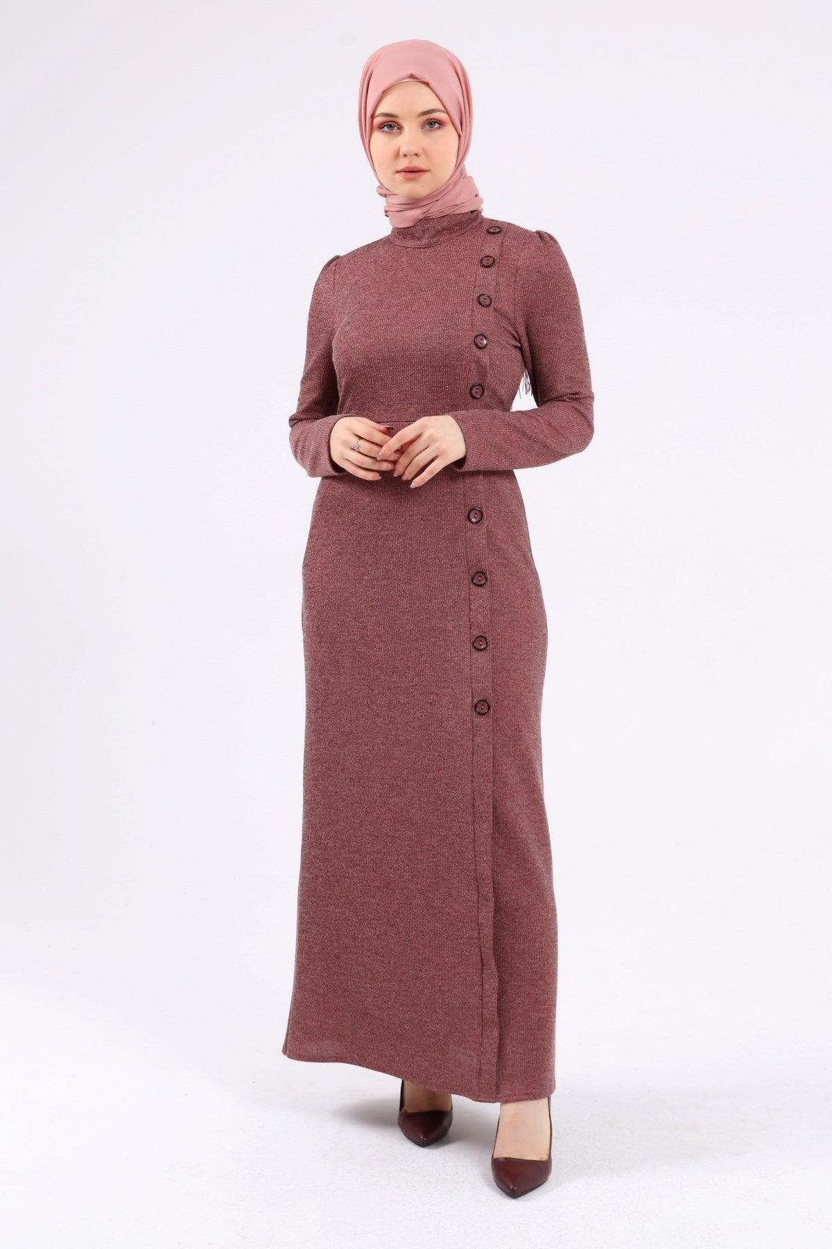 Düğme Detaylı Tesettür Elbise Pembe | K3023-3