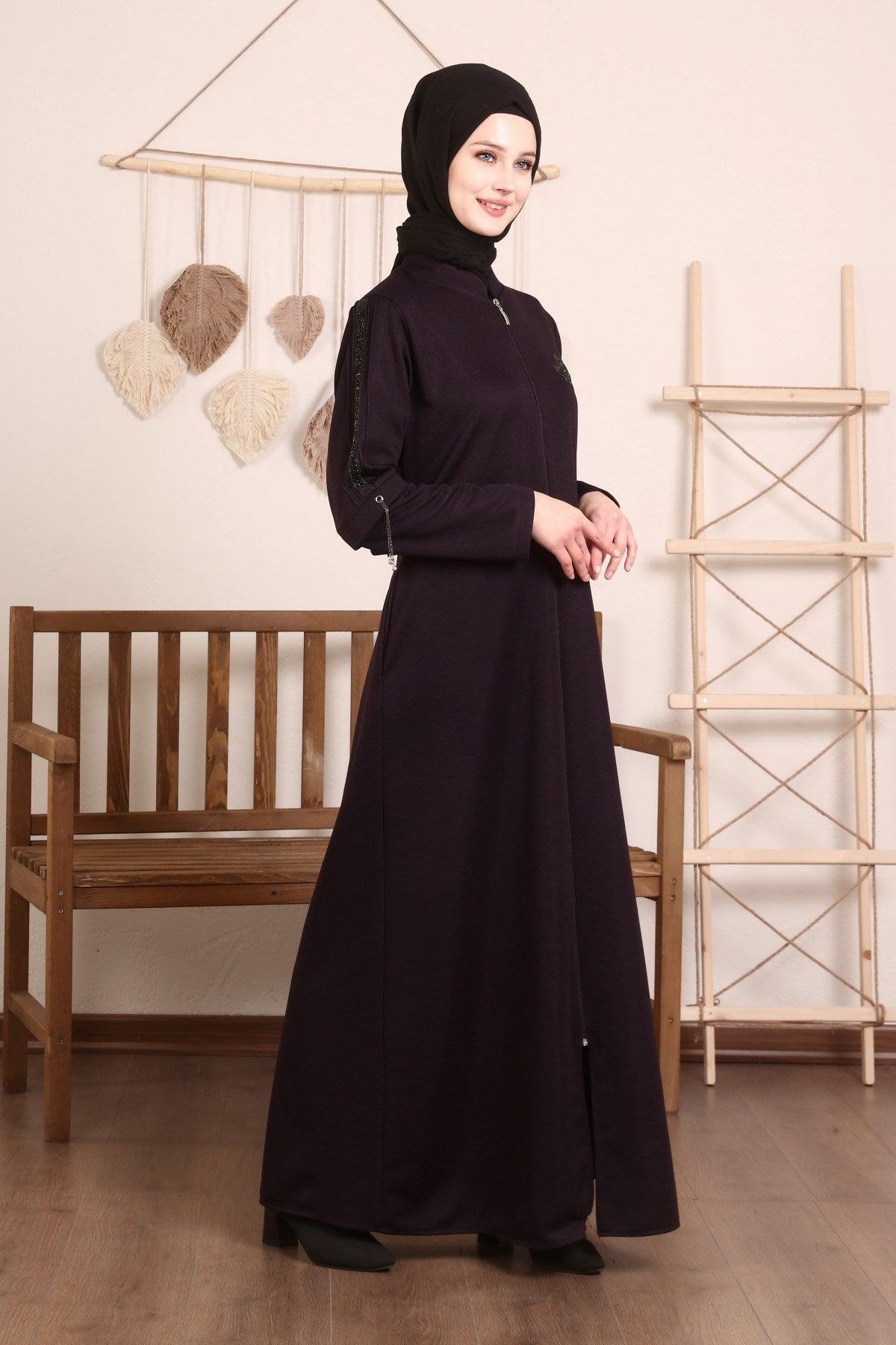 Yaprak Desenli Kışlık Ferace Mürdüm | K2076-8