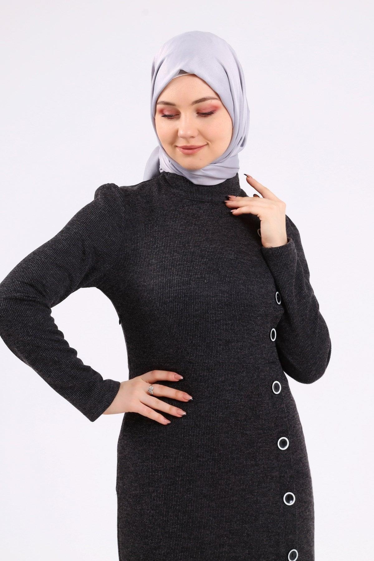 Düğme Detaylı Tesettür Elbise Siyah | K3023-1