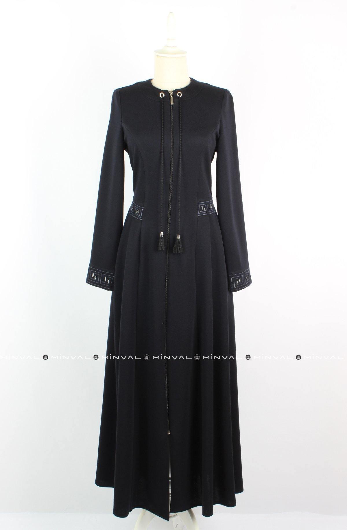 Beli ve Bilekleri Nakışlı Kışlık Ferace Lacivert | 2014K-5 - MODALALE