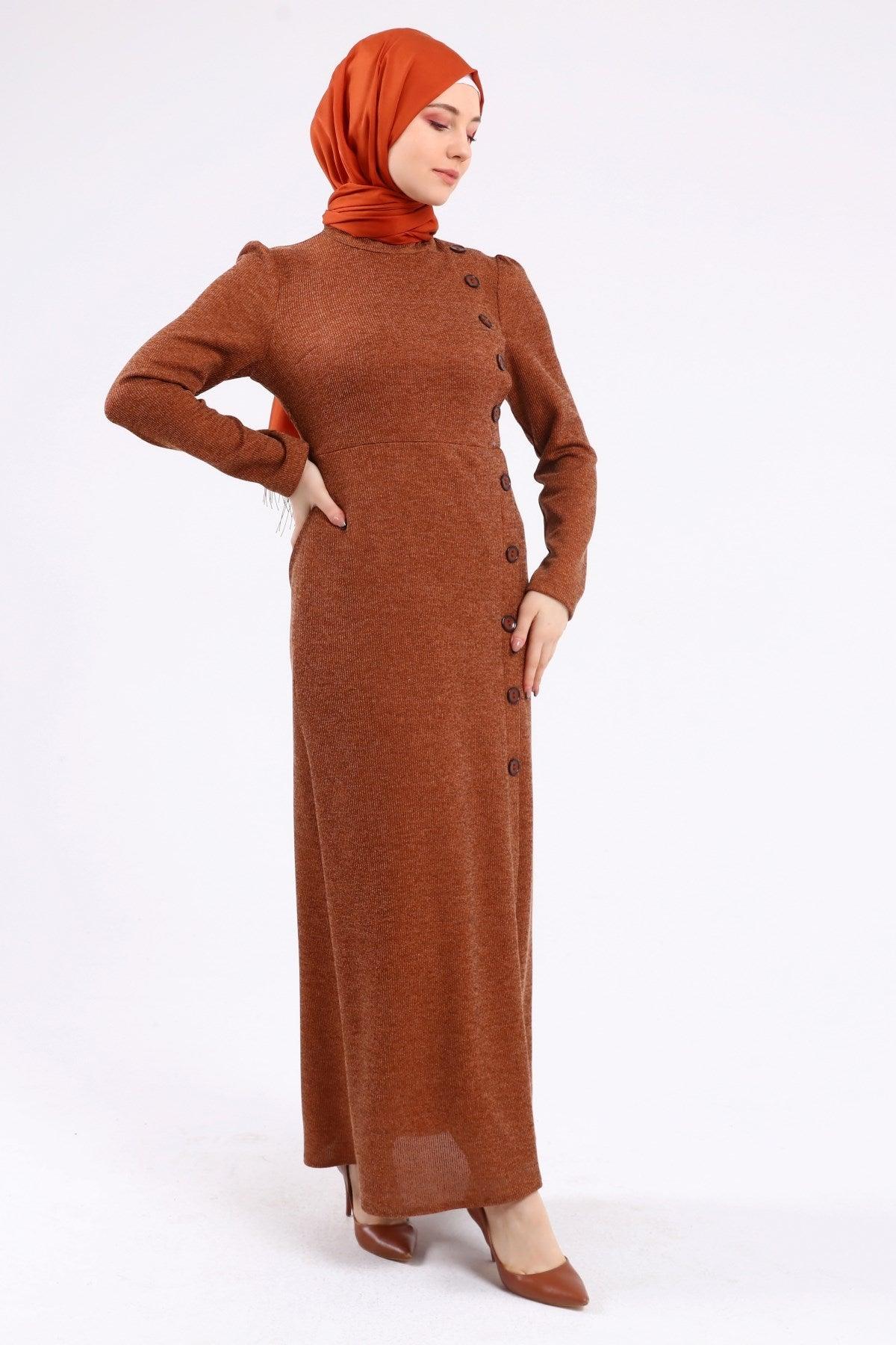Düğme Detaylı Tesettür Elbise Kahve | K3023-42