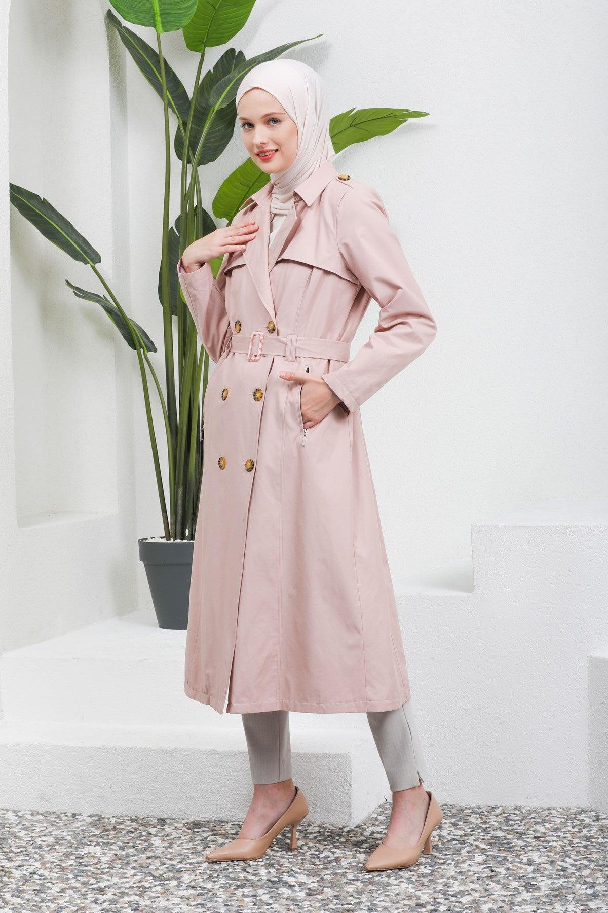 Düğme Detaylı Kuşaklı Trençkot Pudra | 16004-3