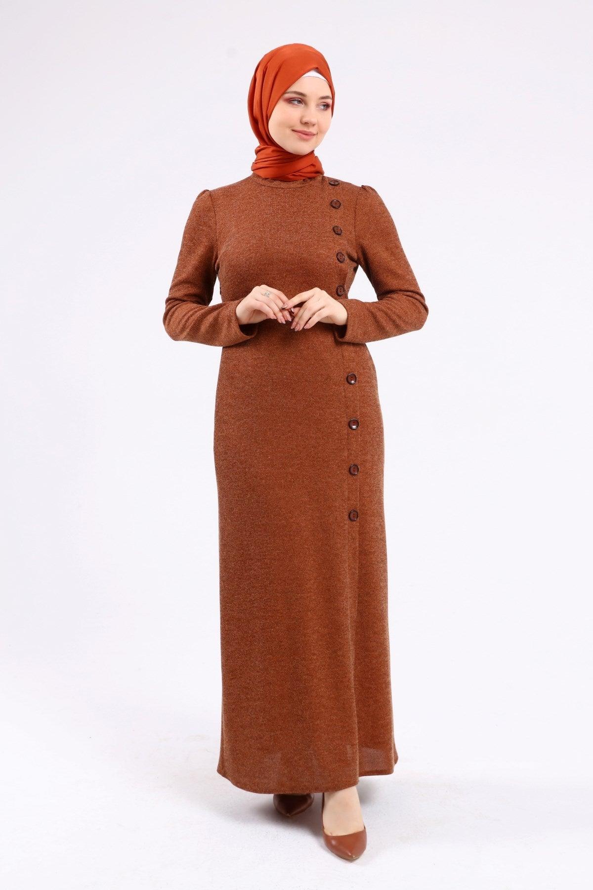 Düğme Detaylı Tesettür Elbise Kahve | K3023-42