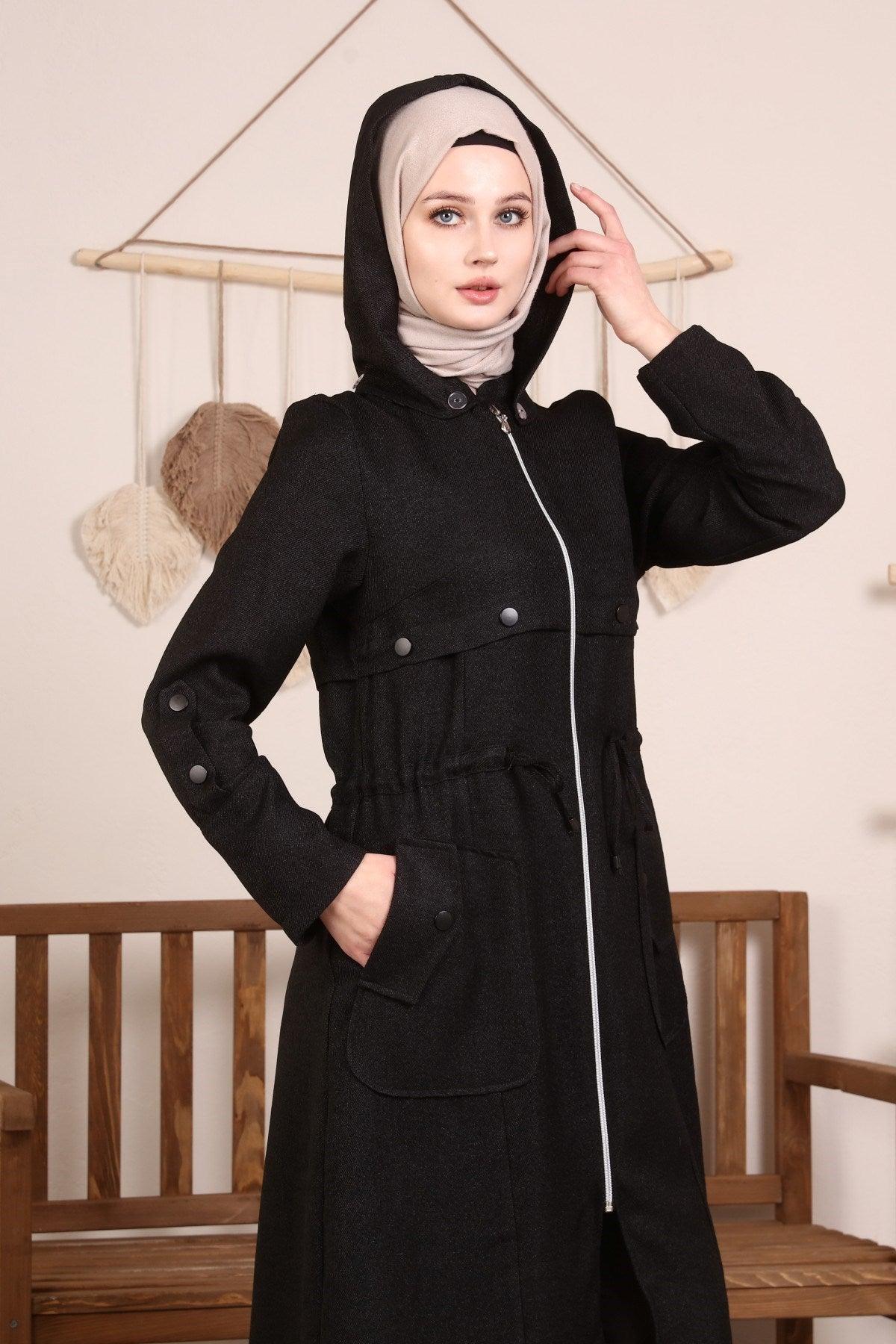 Kapşonlu Ve Kulgözü Detaylı Kap Siyah | 9012-1