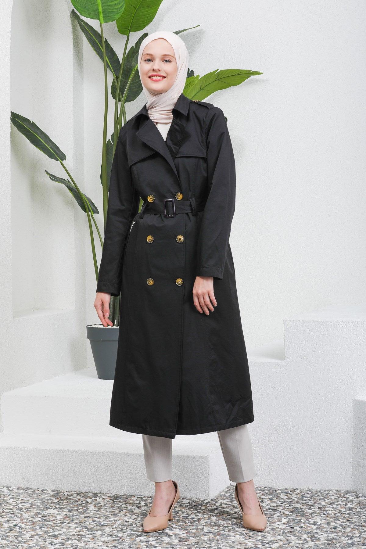 Düğme Detaylı Kuşaklı Trençkot Siyah | 16004-1