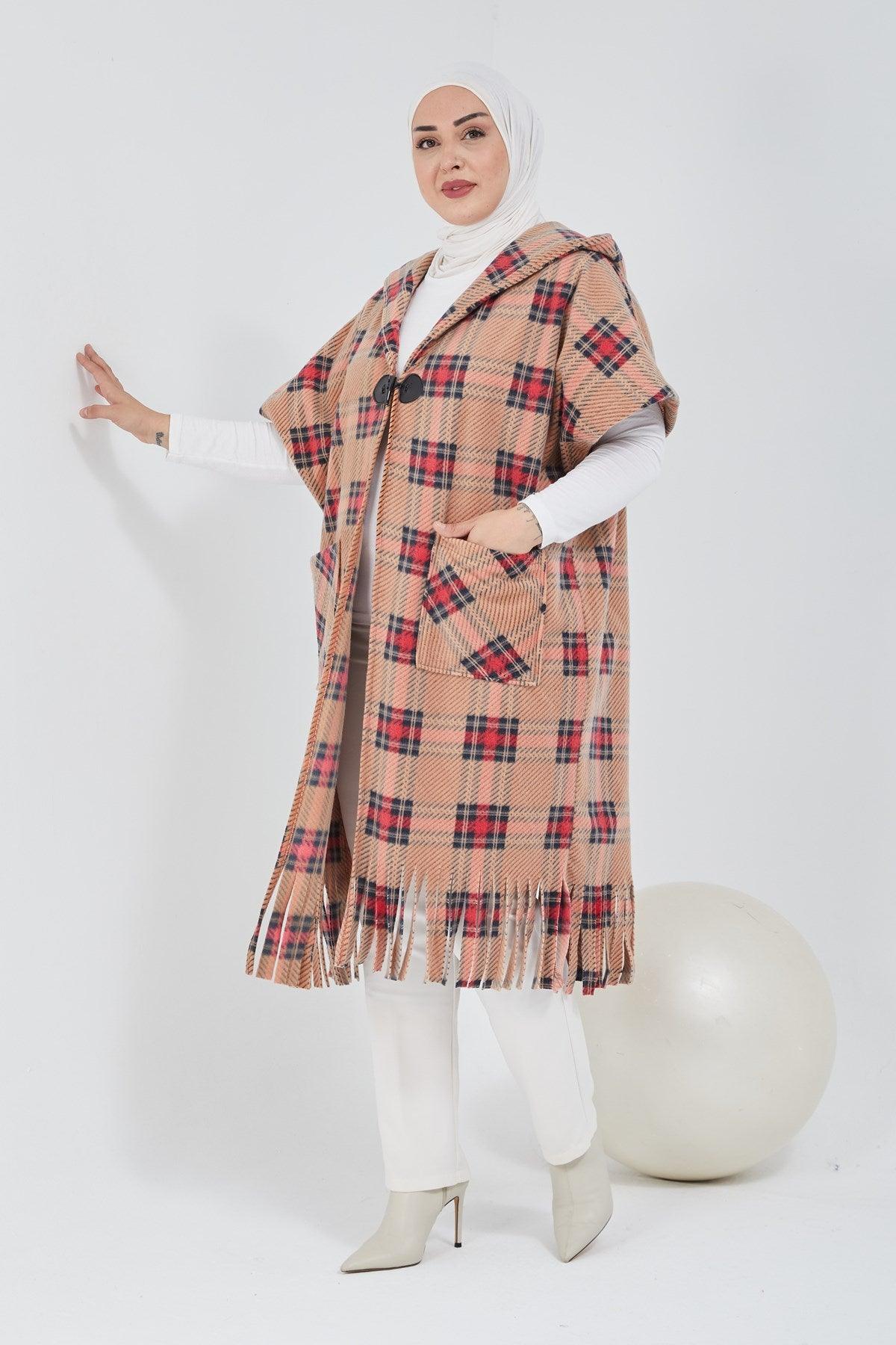 Standart Kalıp Ekoseli Panço Turuncu |  9013-10