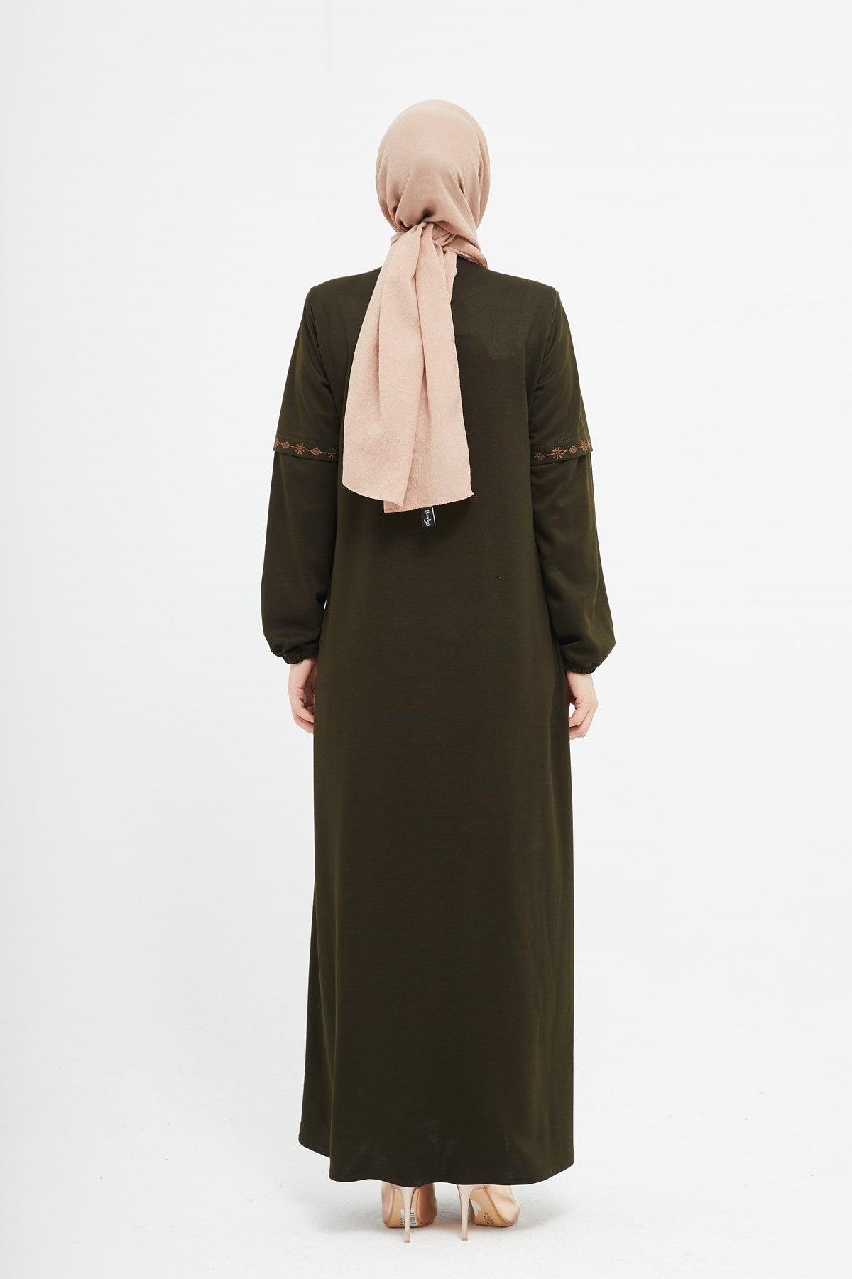 Önü Ve Dirsekleri Nakışlı Kışlık Ferace Haki | K2051-1-9