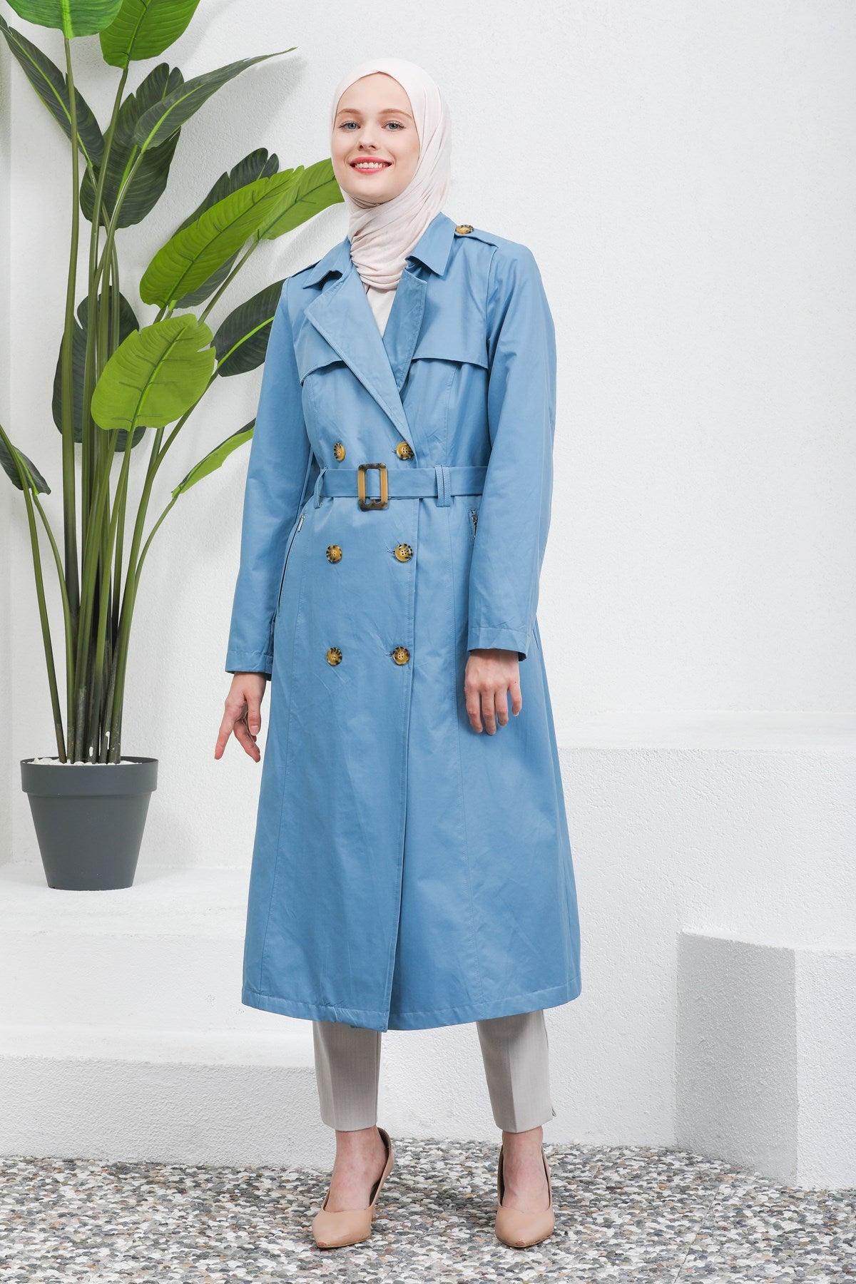 Düğme Detaylı Kuşaklı Trençkot Bebe Mavisi | 16004-31
