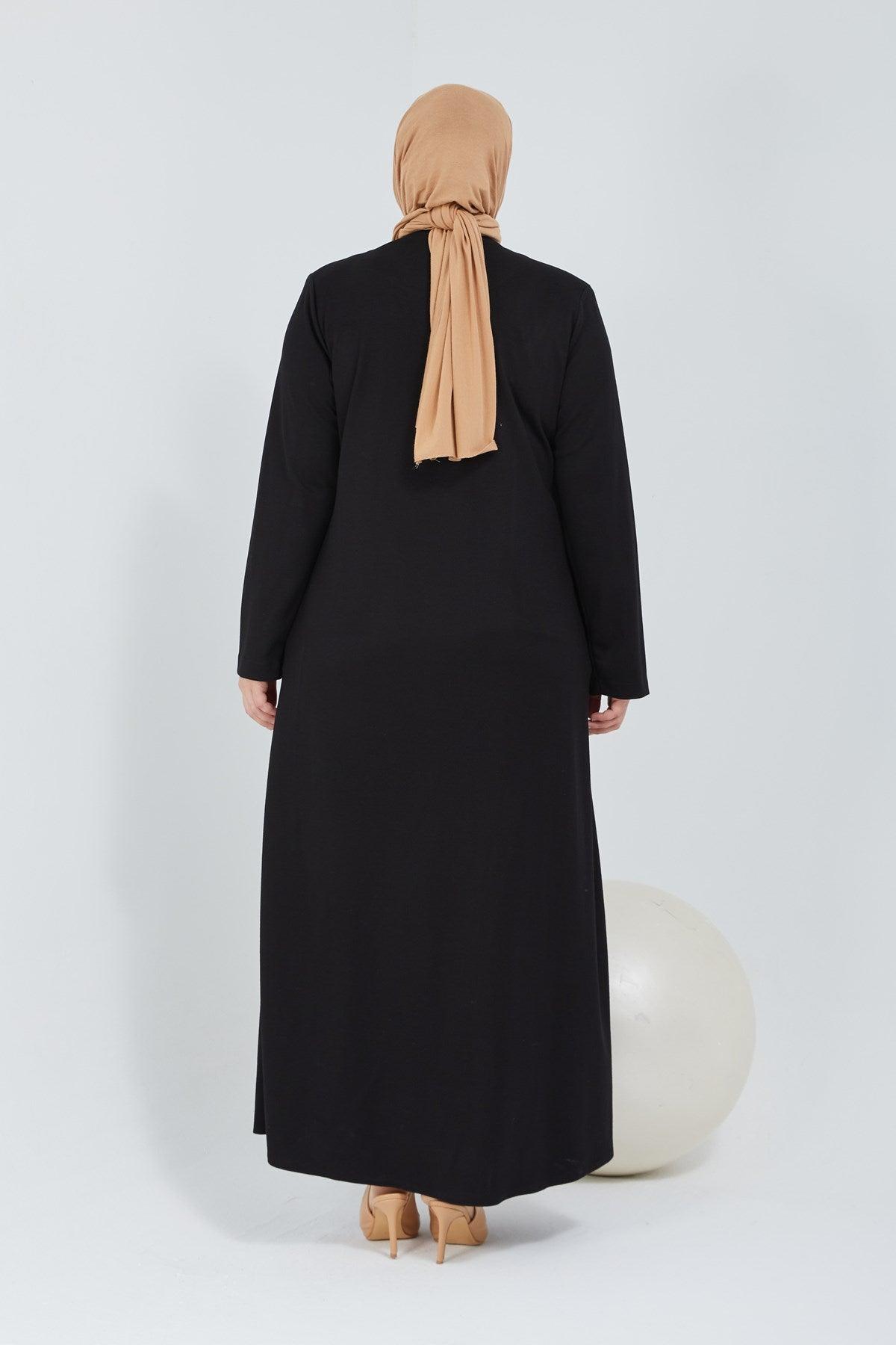  Önü Çift Patlı Taş Detaylı Büyük Beden Ferace Kışlık / Mevsimlik Siyah| K2066-1-1