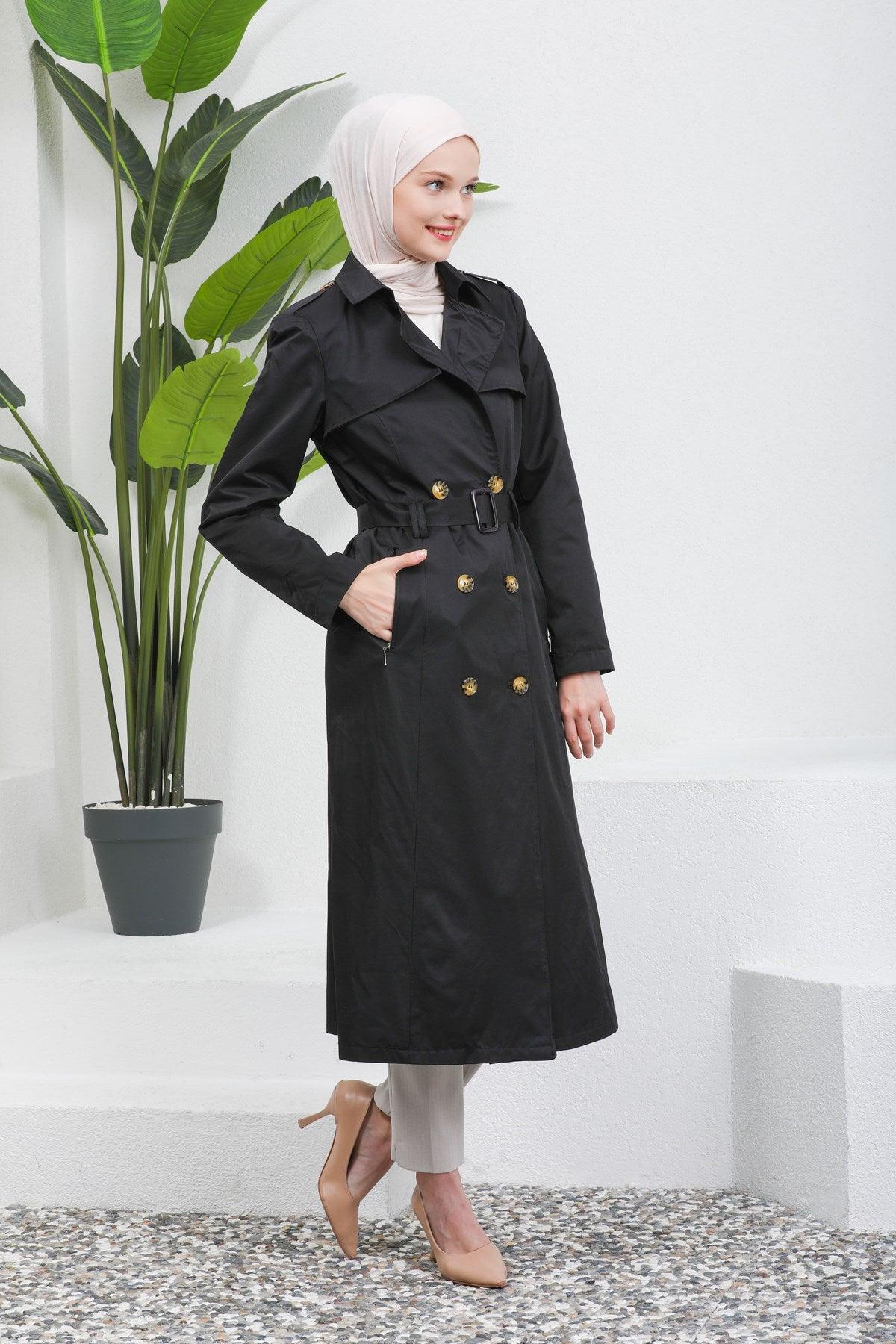 Düğme Detaylı Kuşaklı Trençkot Siyah | 16004-1