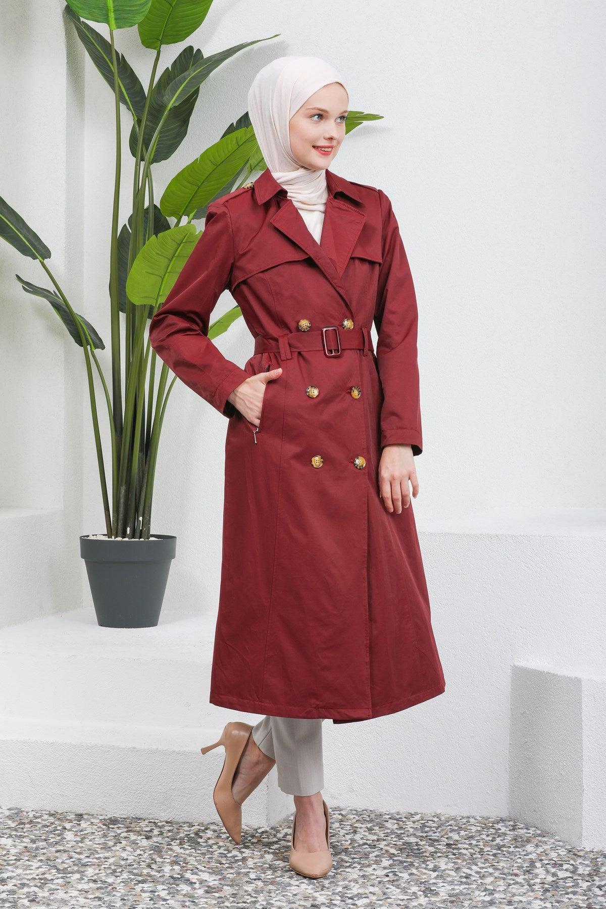 Düğme Detaylı Kuşaklı Trençkot Bordo | 16004-7