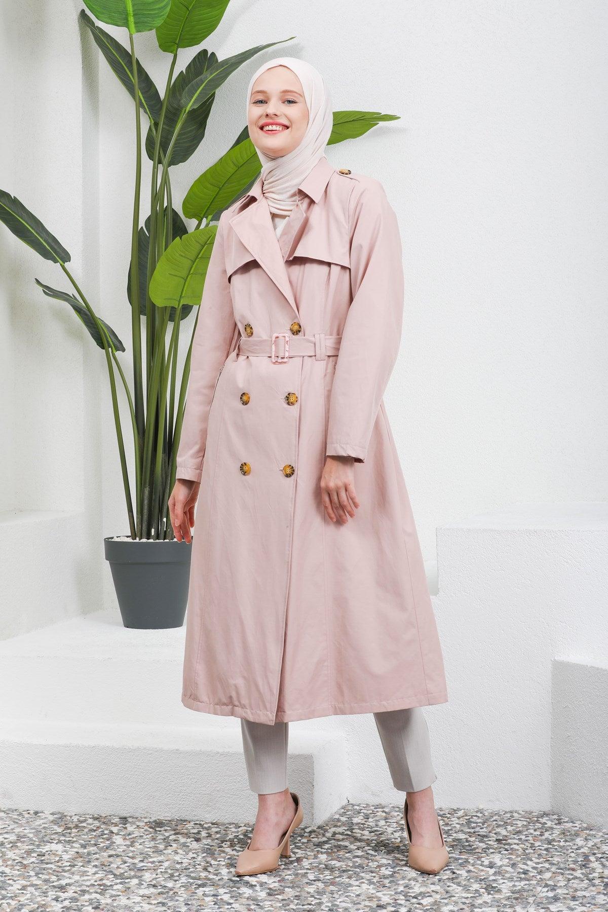 Düğme Detaylı Kuşaklı Trençkot Pudra | 16004-3