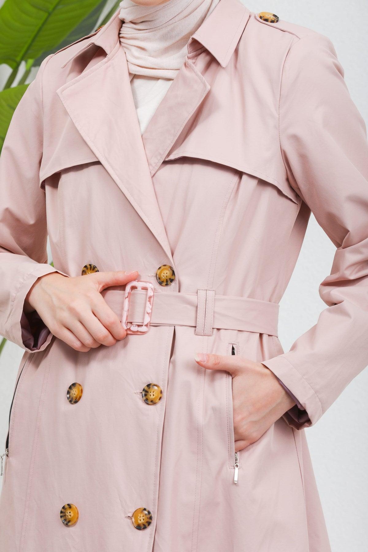 Düğme Detaylı Kuşaklı Trençkot Pudra | 16004-3