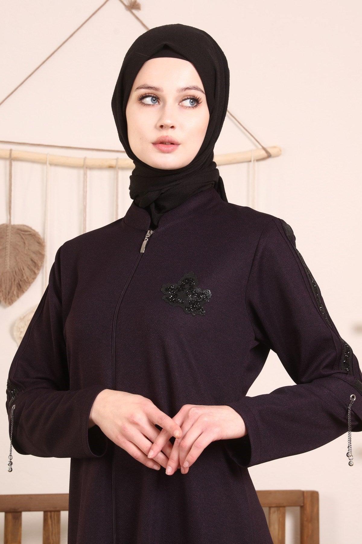 Yaprak Desenli Kışlık Ferace Mürdüm | K2076-8