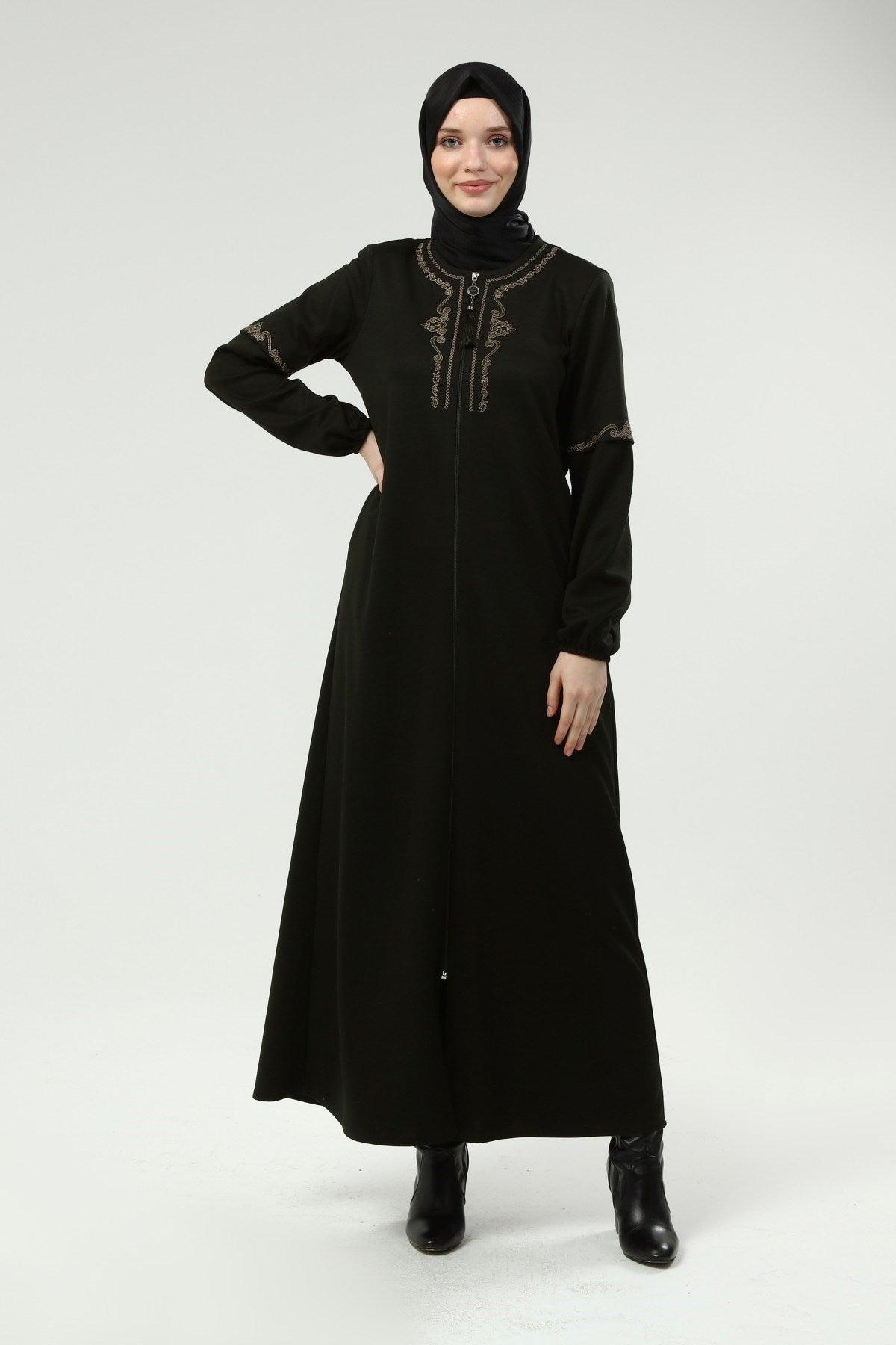 Önü Ve Dirsekleri Nakışlı Kışlık Ferace Haki | K2051-2-9